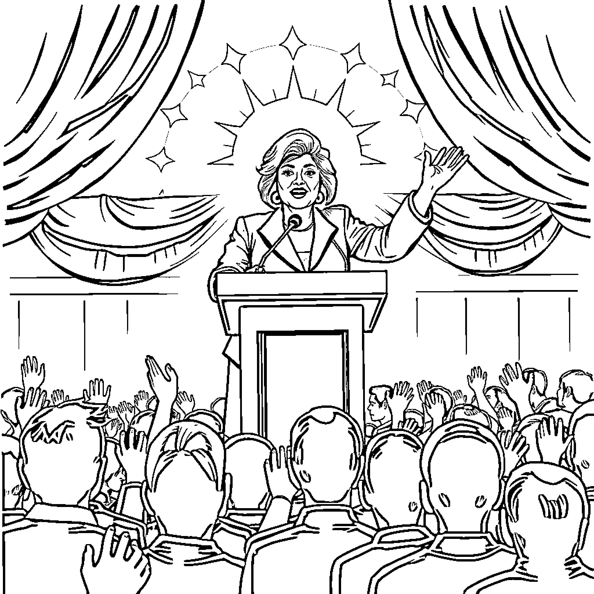 Woman making a speech on a stage before an audience Coloring Page (free black-and-white line drawing printable PDF for all, from beginners to advanced learners, including children, teens, adults, and seniors)