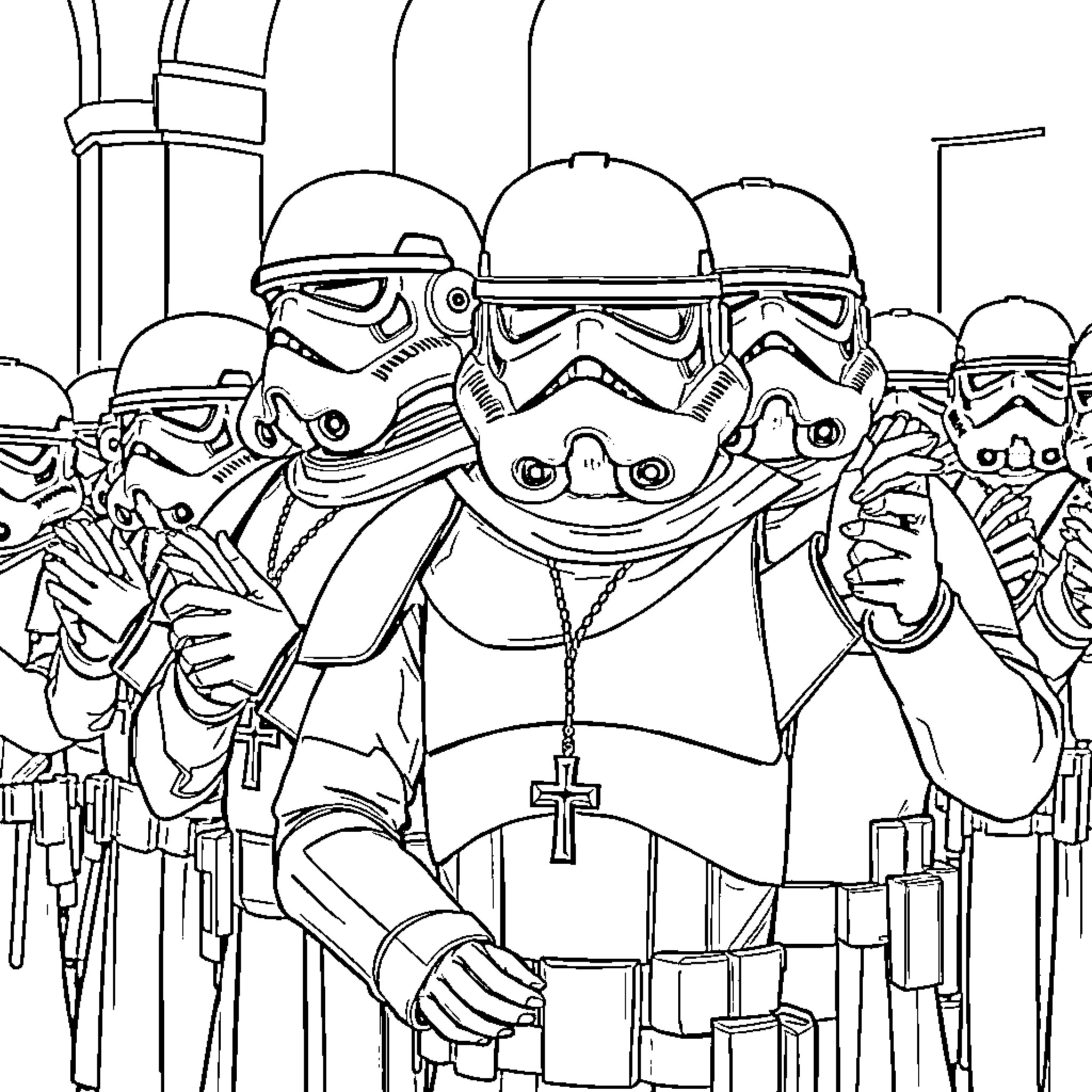 Stormtroopers in action with weapons and helmets Coloring Page (free black-and-white line drawing printable PDF for all, from beginners to advanced learners, including children, teens, adults, and seniors)