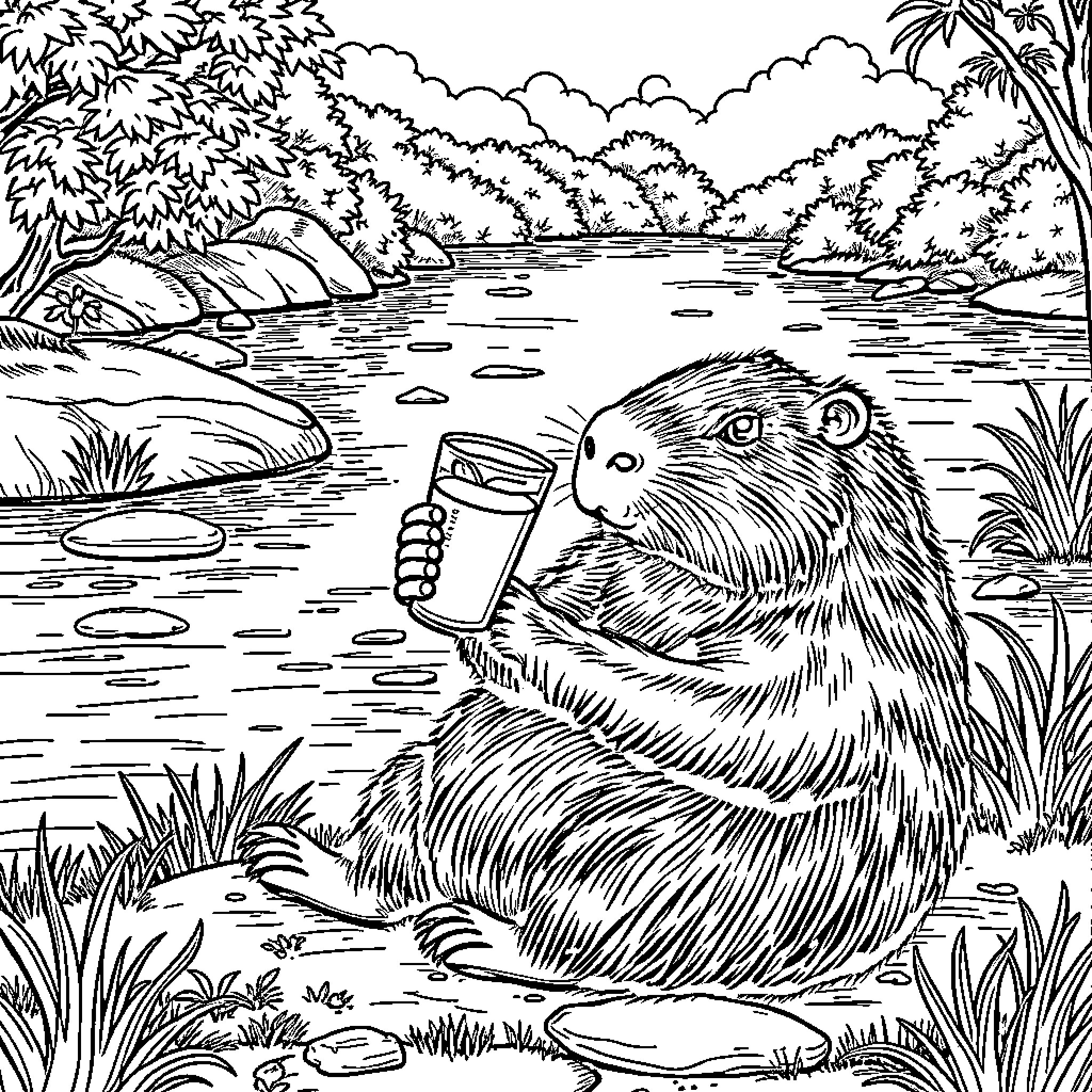 Capybara relaxing by the riverside Coloring Page (free black-and-white line drawing printable PDF for all, from beginners to advanced learners, including children, teens, adults, and seniors)