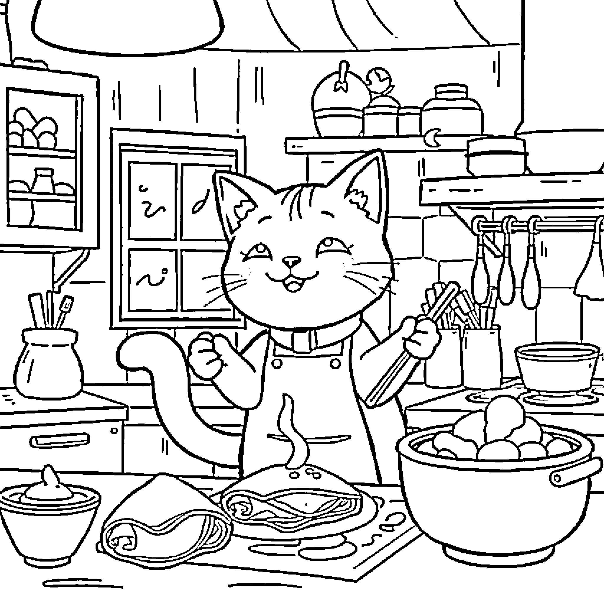 Cat cooking in the kitchen Coloring Page (free black-and-white line drawing printable PDF for all, from beginners to advanced learners, including children, teens, adults, and seniors)