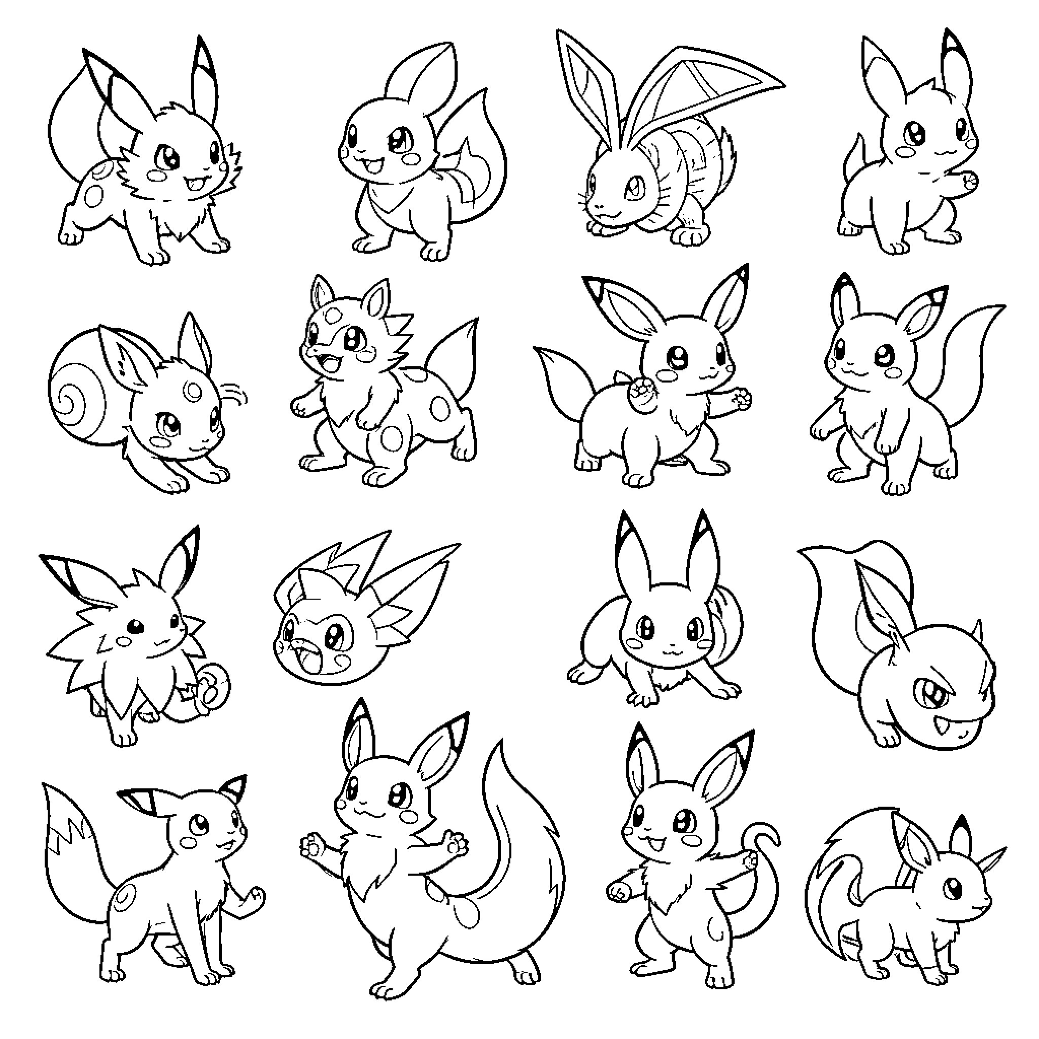 Pokémon characters posing with various cute expressions Coloring Page (free black-and-white line drawing printable PDF for all, from beginners to advanced learners, including children, teens, adults, and seniors)