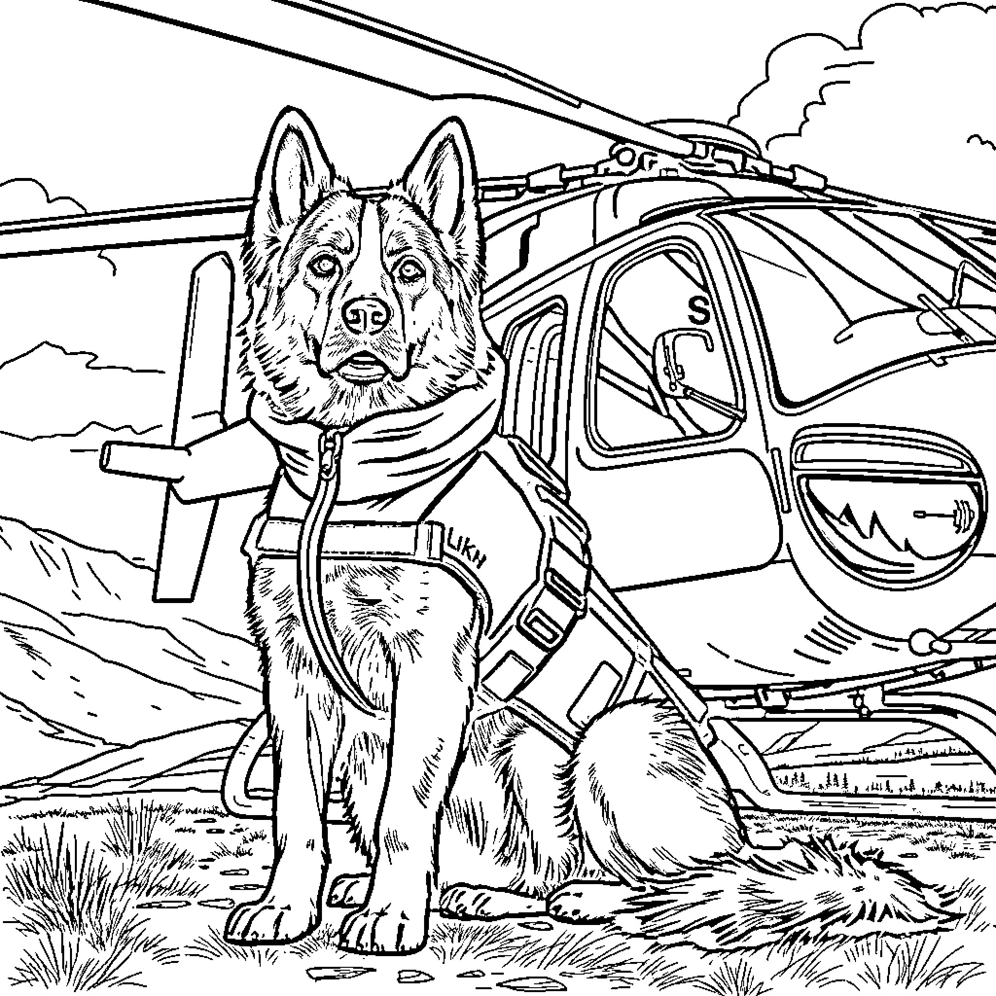 Dog in Safety Harness Beside Helicopter Coloring Page (free black-and-white line drawing printable PDF for all, from beginners to advanced learners, including children, teens, adults, and seniors)