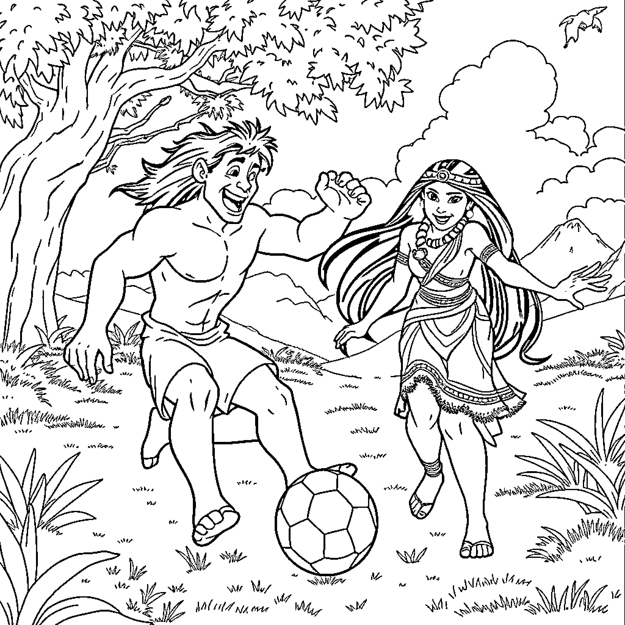 Tarzan and Jane playing soccer in the jungle Coloring Page (free black-and-white line drawing printable PDF for all, from beginners to advanced learners, including children, teens, adults, and seniors)