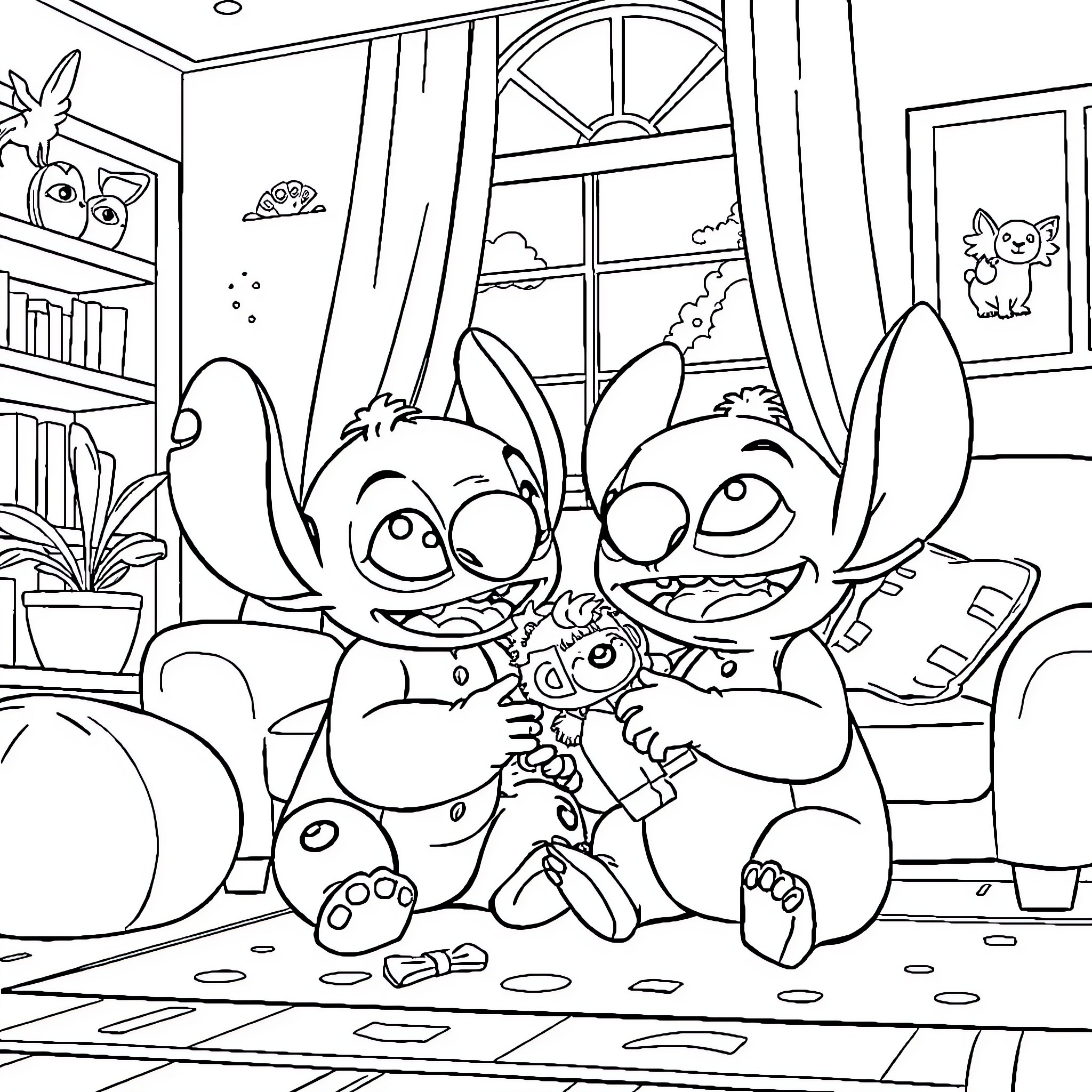 Chase through the cozy living room Coloring Page (free black-and-white line drawing printable PDF for all, from beginners to advanced learners, including children, teens, adults, and seniors)