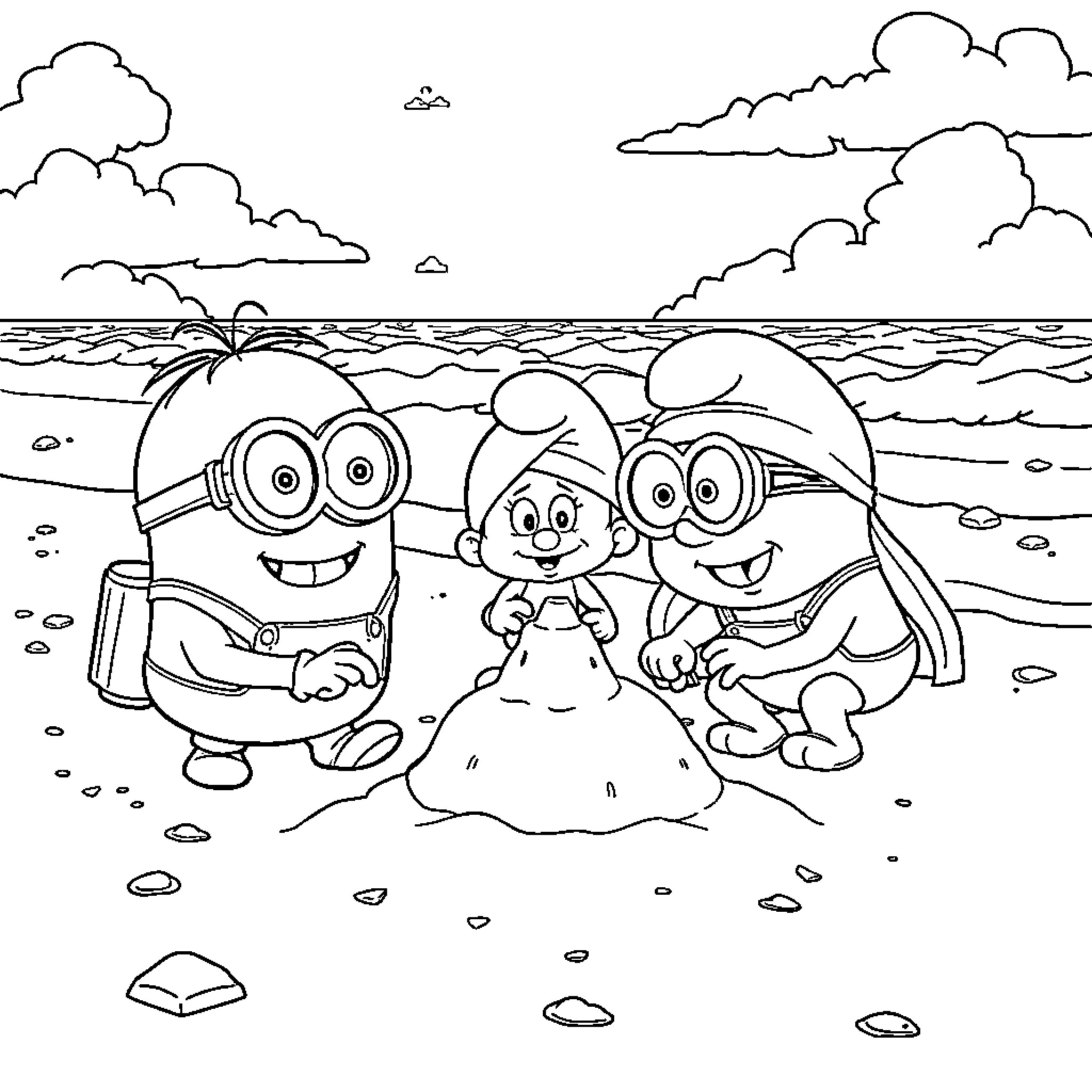 Minions enjoying a beach day together Coloring Page (free black-and-white line drawing printable PDF for all, from beginners to advanced learners, including children, teens, adults, and seniors)