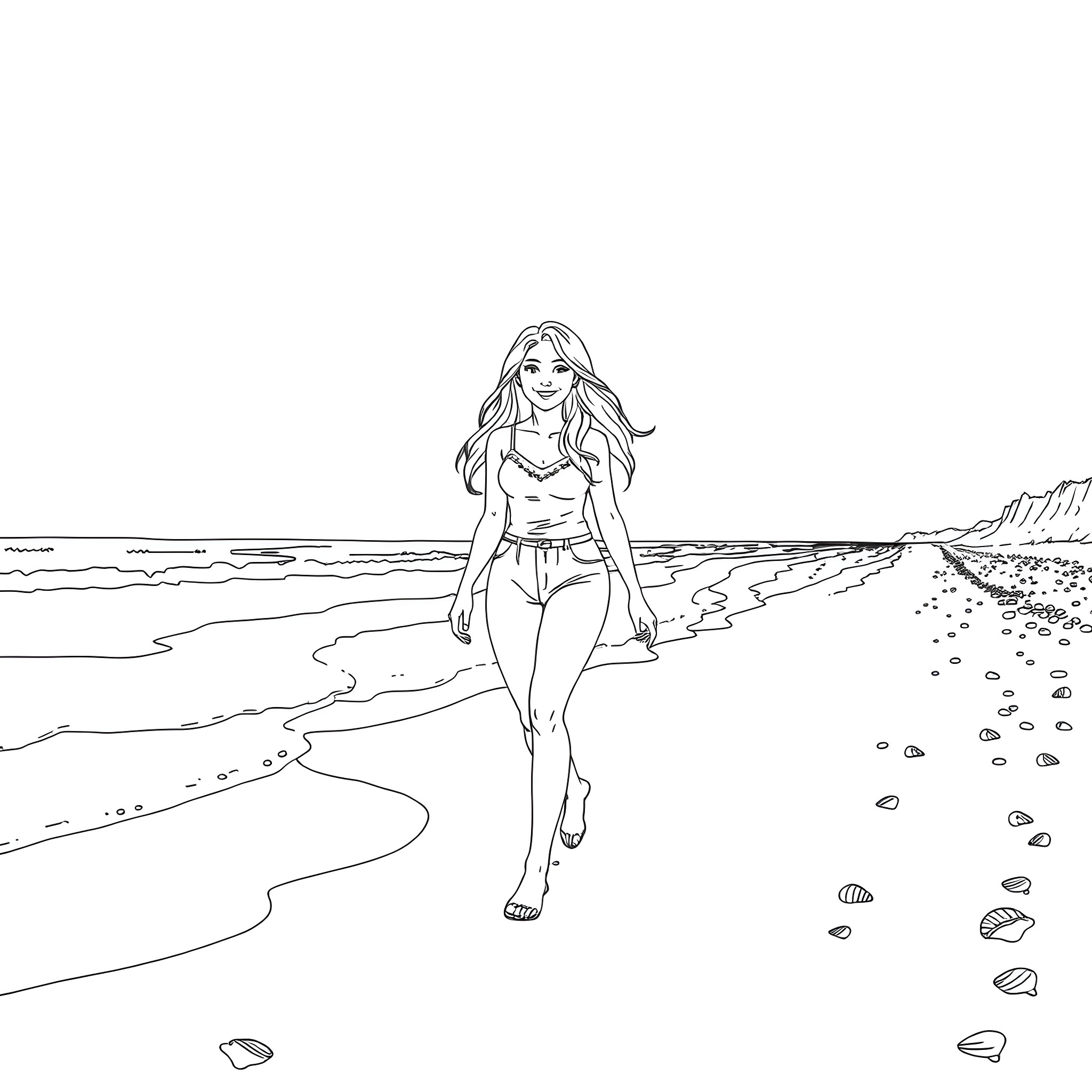 Sabrina Carpenter strolling along the beachfront Coloring Page (free black-and-white line drawing printable PDF for all, from beginners to advanced learners, including children, teens, adults, and seniors)