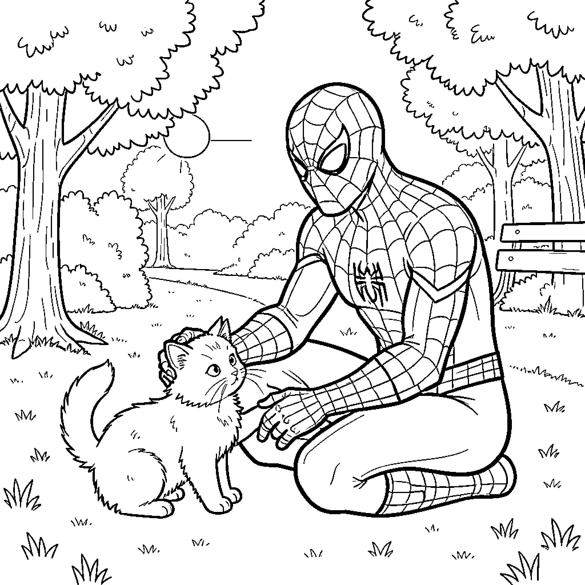 Spiderman interacting with a playful animal in a forest setting Coloring Page (free black-and-white line drawing printable PDF for all, from beginners to advanced learners, including children, teens, adults, and seniors)