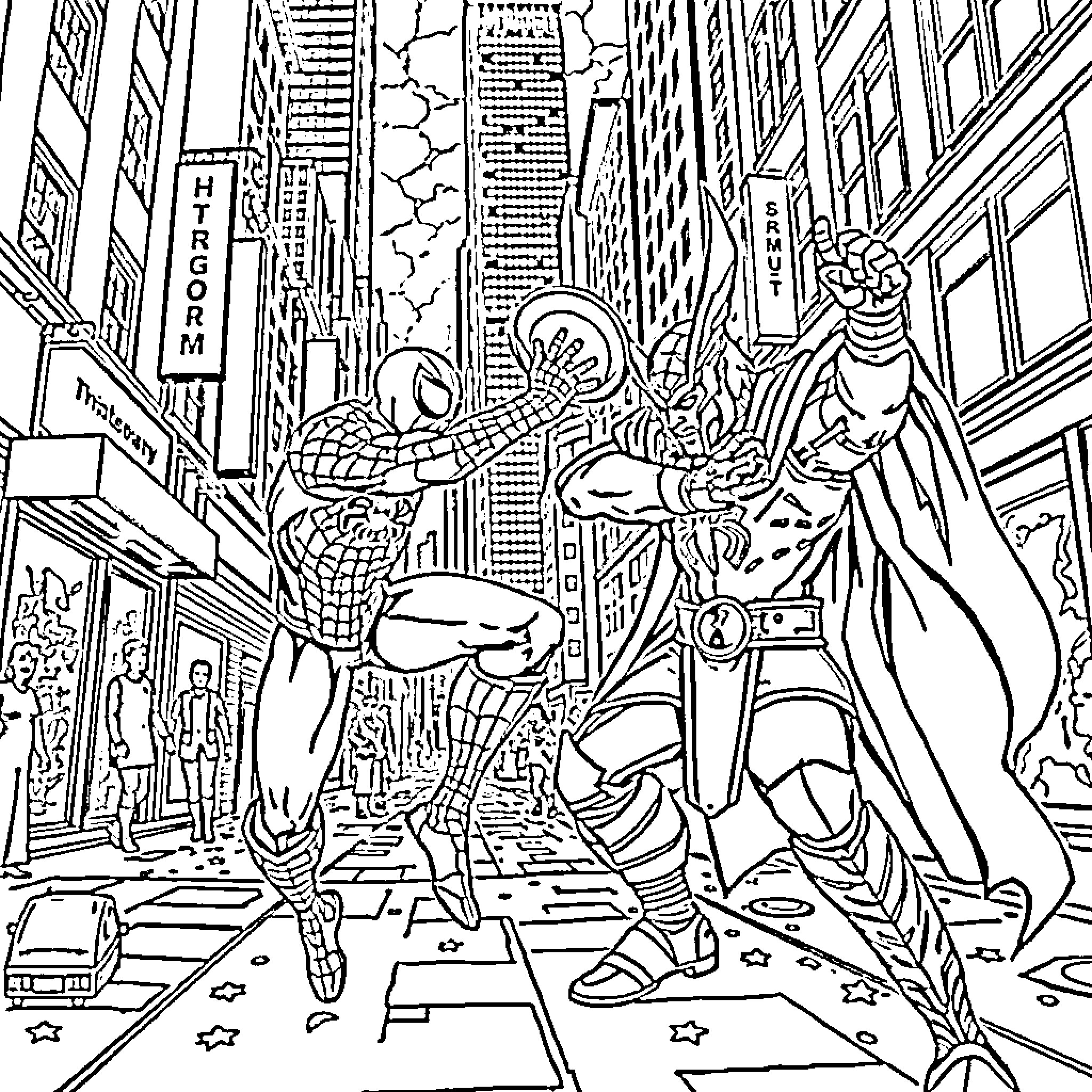 Spiderman in action on a city street Coloring Page (free black-and-white line drawing printable PDF for all, from beginners to advanced learners, including children, teens, adults, and seniors)
