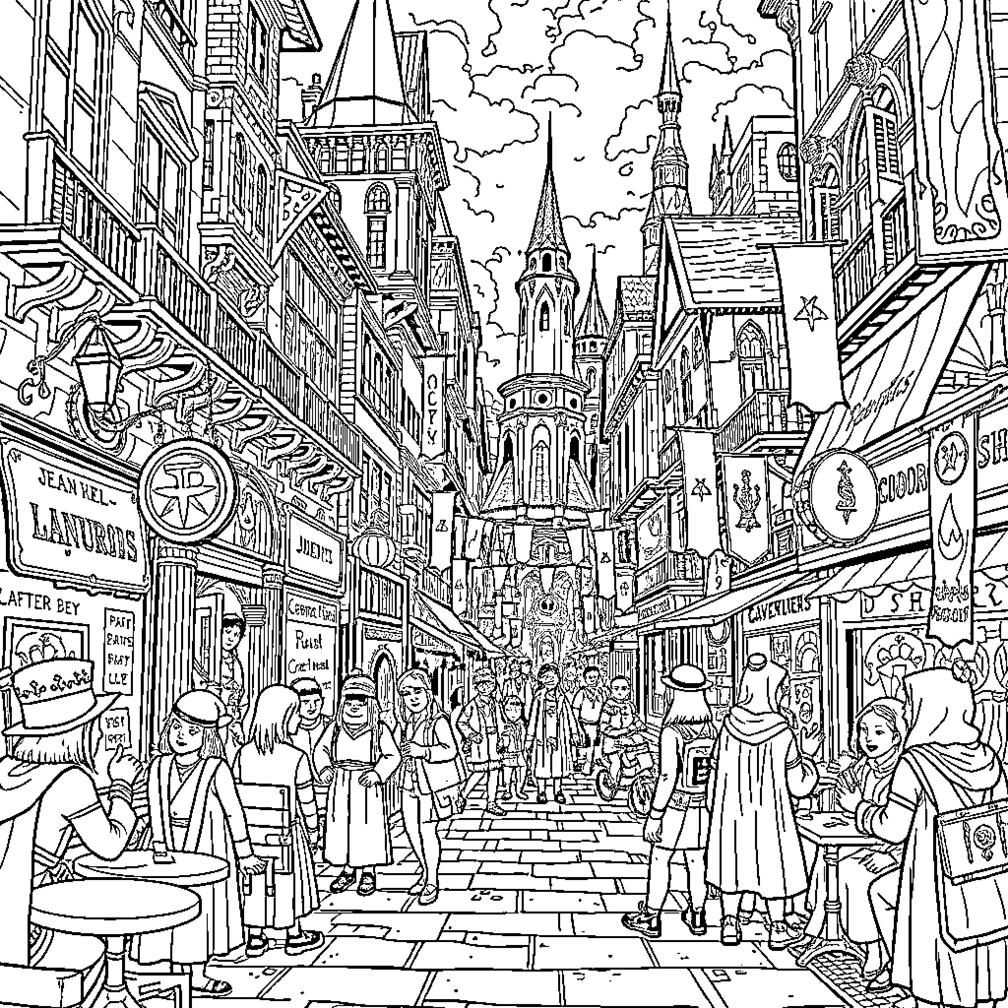 D&D Adventurers Explore Bustling Fantasy City Streets Coloring Page (free black-and-white line drawing printable PDF for all, from beginners to advanced learners, including children, teens, adults, and seniors)