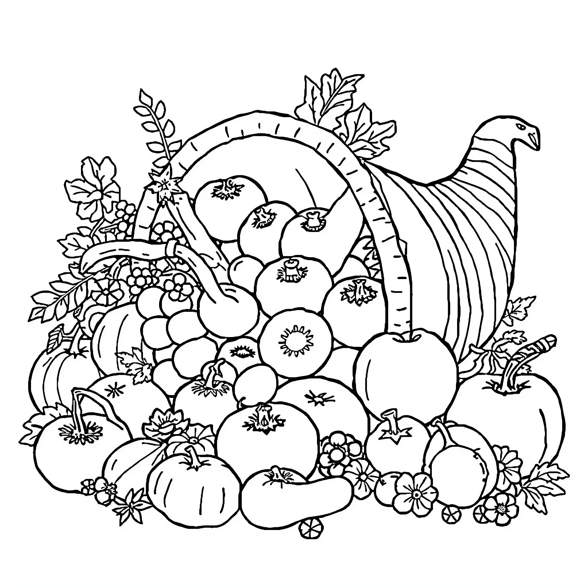 Cornucopia of Autumn Harvest Abundance Coloring Page (free black-and-white line drawing printable PDF for all, from beginners to advanced learners, including children, teens, adults, and seniors)