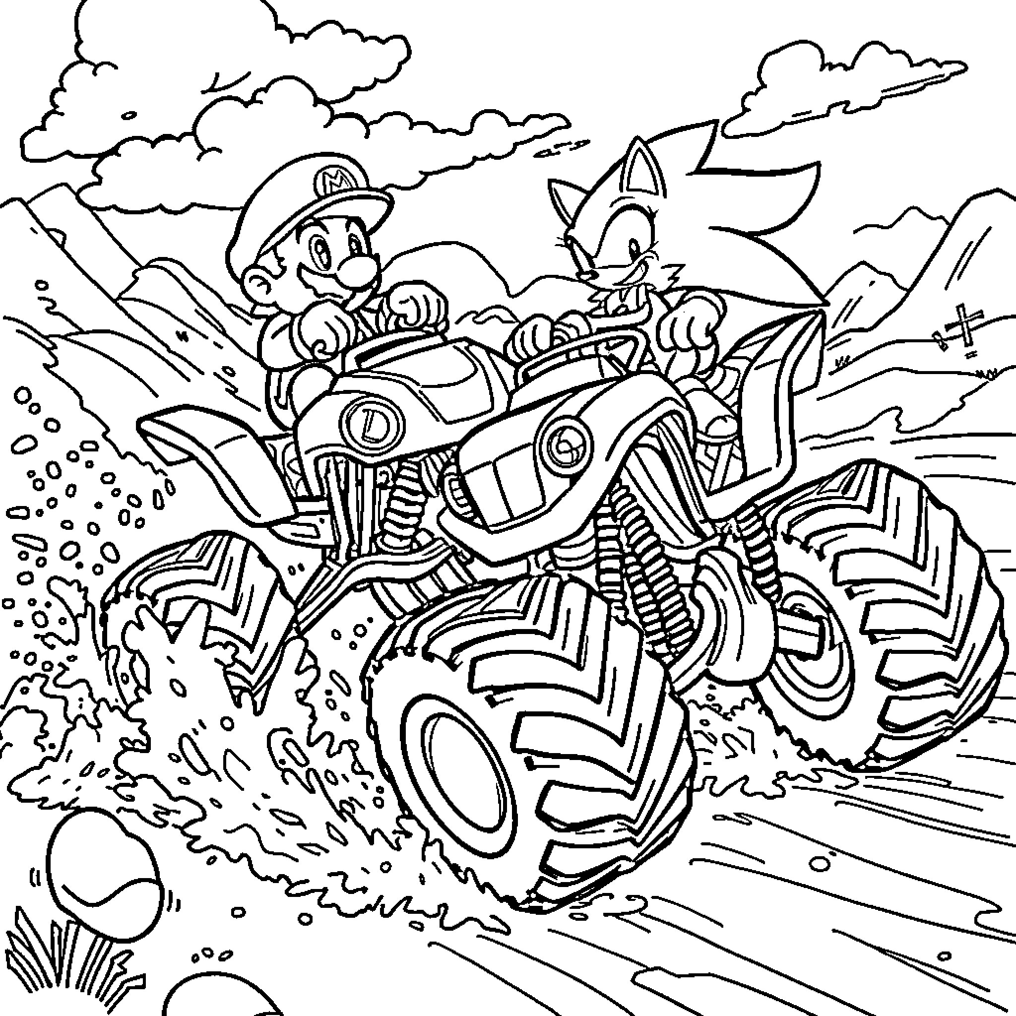 Mario and Sonic racing on an off-road vehicle Coloring Page (free black-and-white line drawing printable PDF for all, from beginners to advanced learners, including children, teens, adults, and seniors)