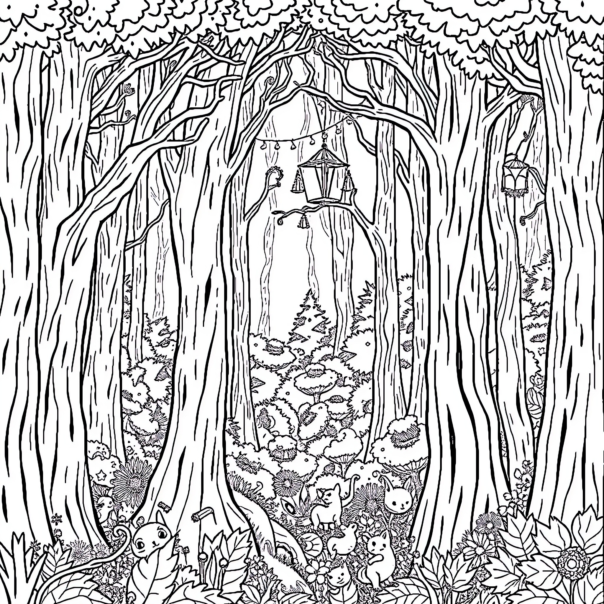 Forest with Whimsical Creatures and Foliage Coloring Page (free black-and-white line drawing printable PDF for all, from beginners to advanced learners, including children, teens, adults, and seniors)