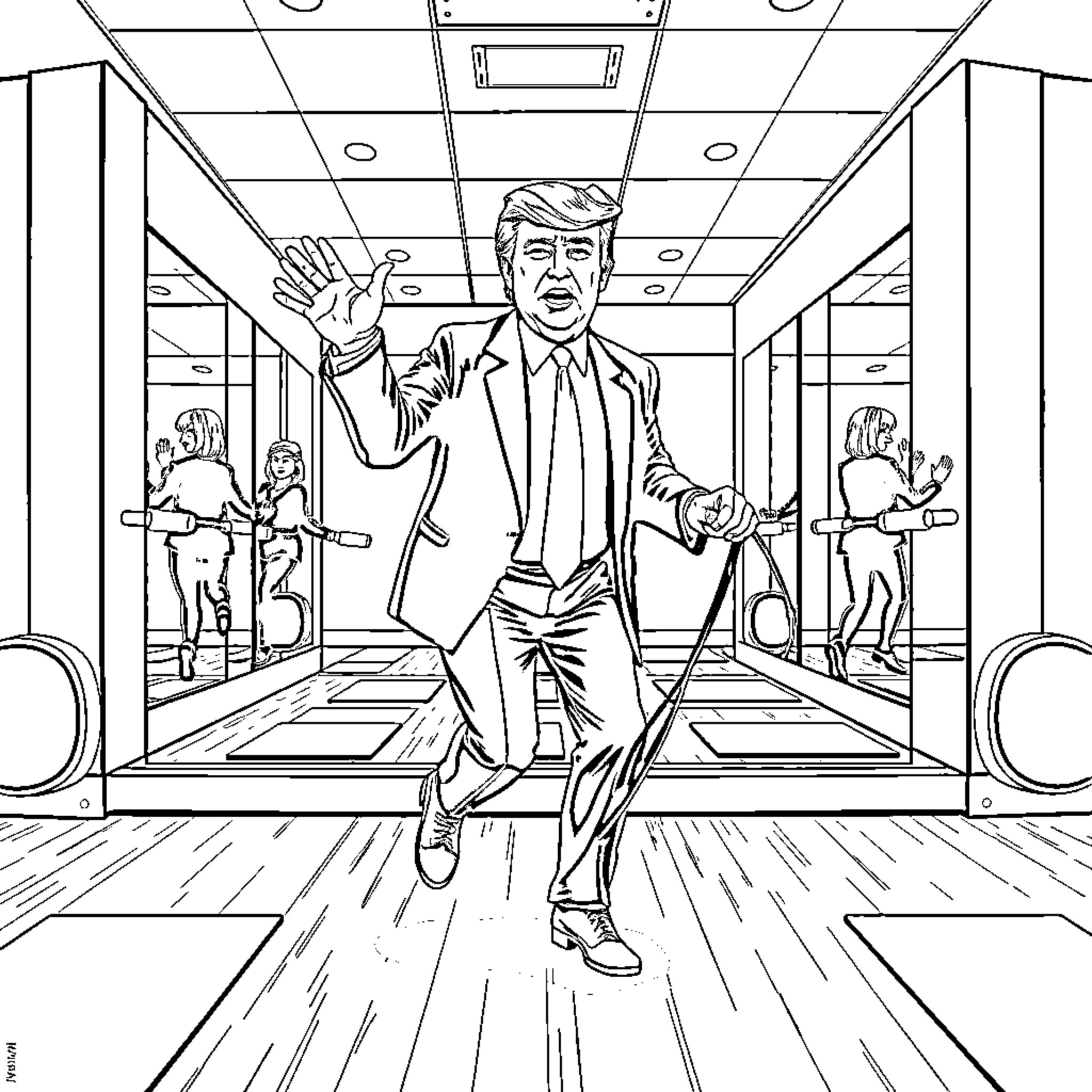 Donald Trump gesturing emphatically in a crowded office Coloring Page (free black-and-white line drawing printable PDF for all, from beginners to advanced learners, including children, teens, adults, and seniors)