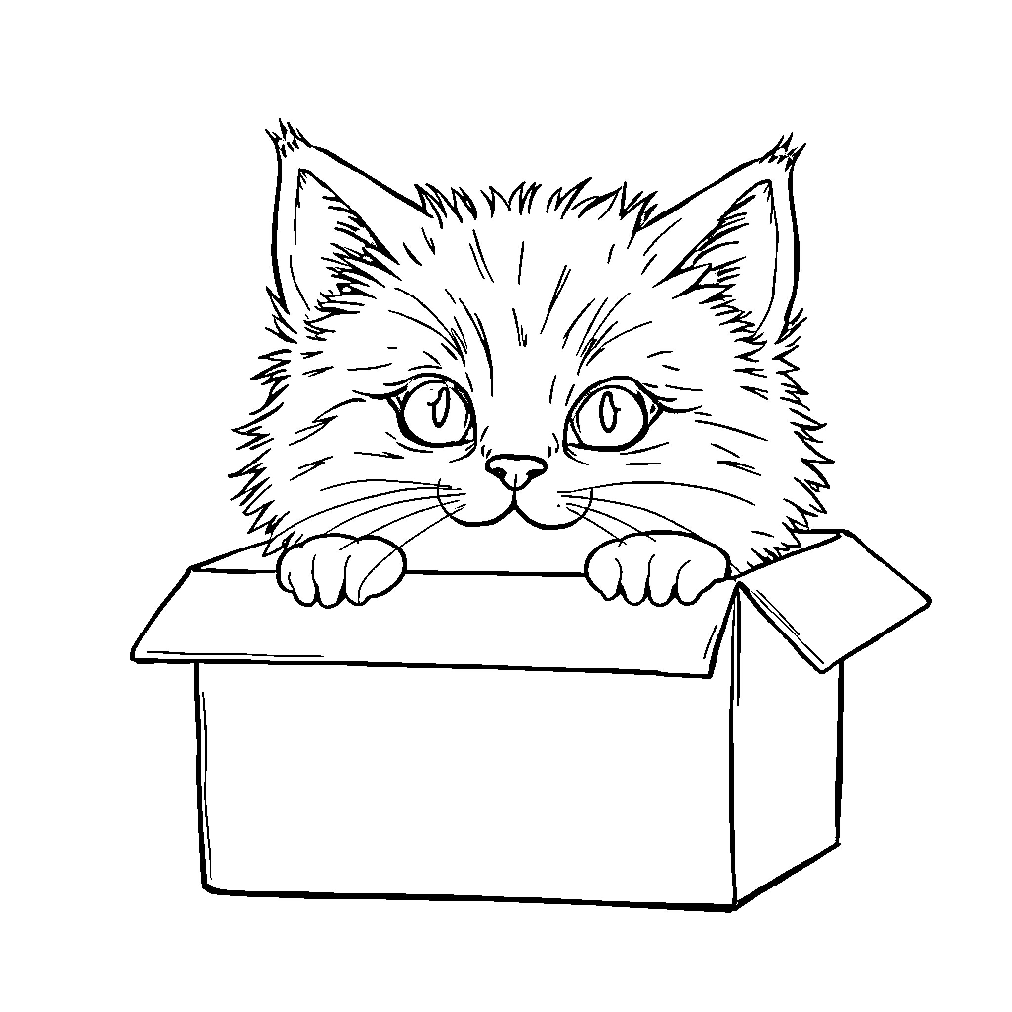 Cat exploring curious in a box Coloring Page (free black-and-white line drawing printable PDF for all, from beginners to advanced learners, including children, teens, adults, and seniors)