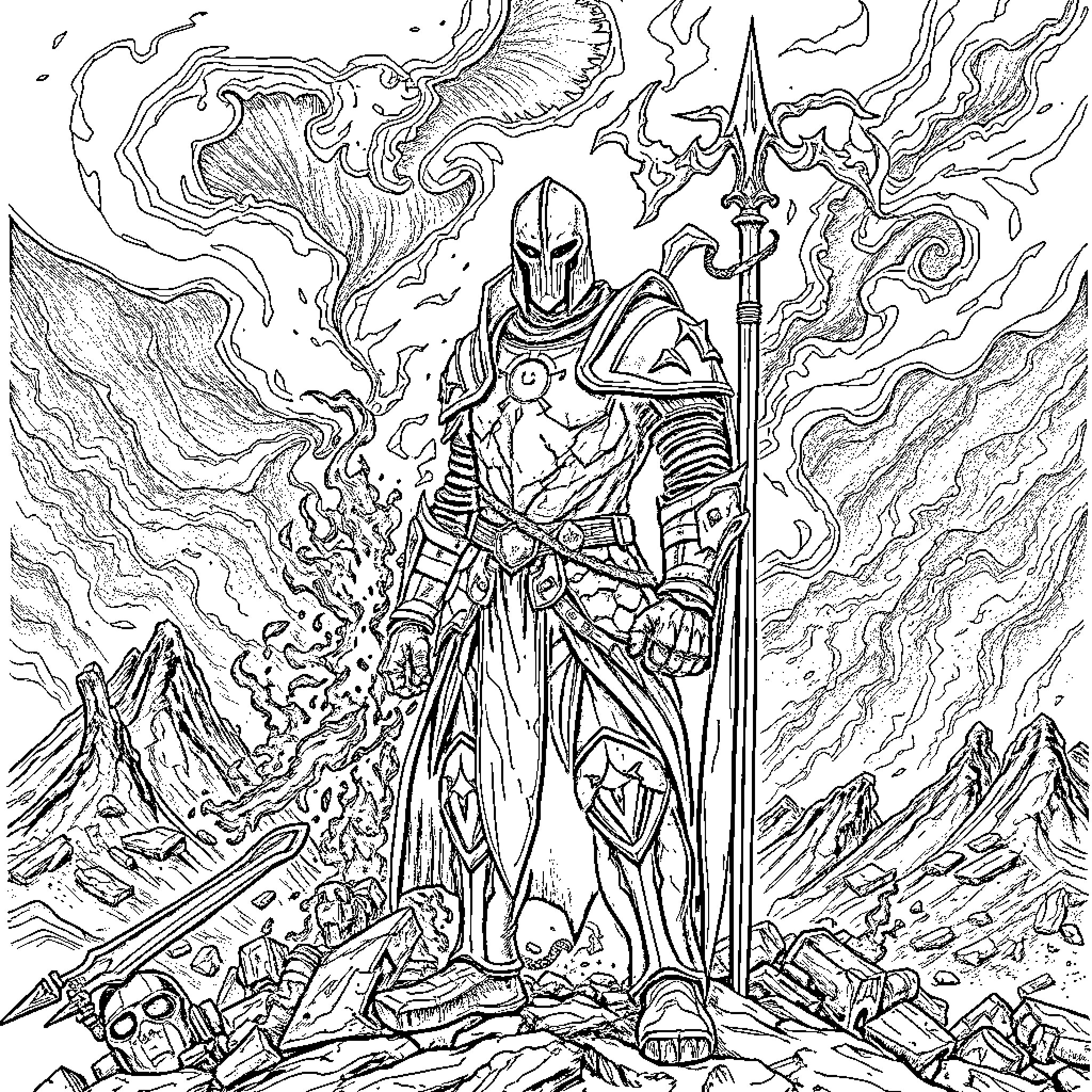 Knight in Heroic Battle Stance Coloring Page (free black-and-white line drawing printable PDF for all, from beginners to advanced learners, including children, teens, adults, and seniors)