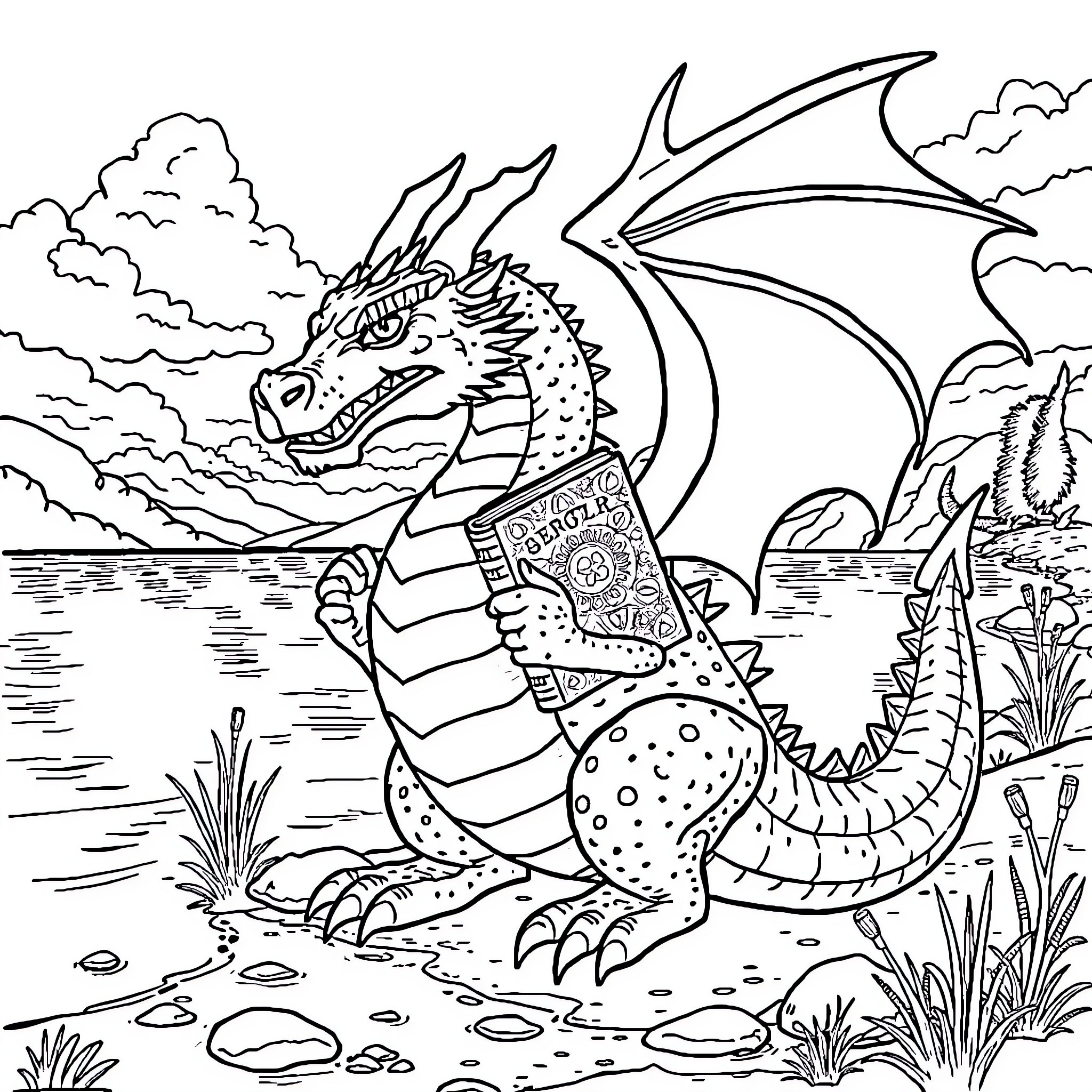 Dragon reading a book amidst nature Coloring Page (free black-and-white line drawing printable PDF for all, from beginners to advanced learners, including children, teens, adults, and seniors)
