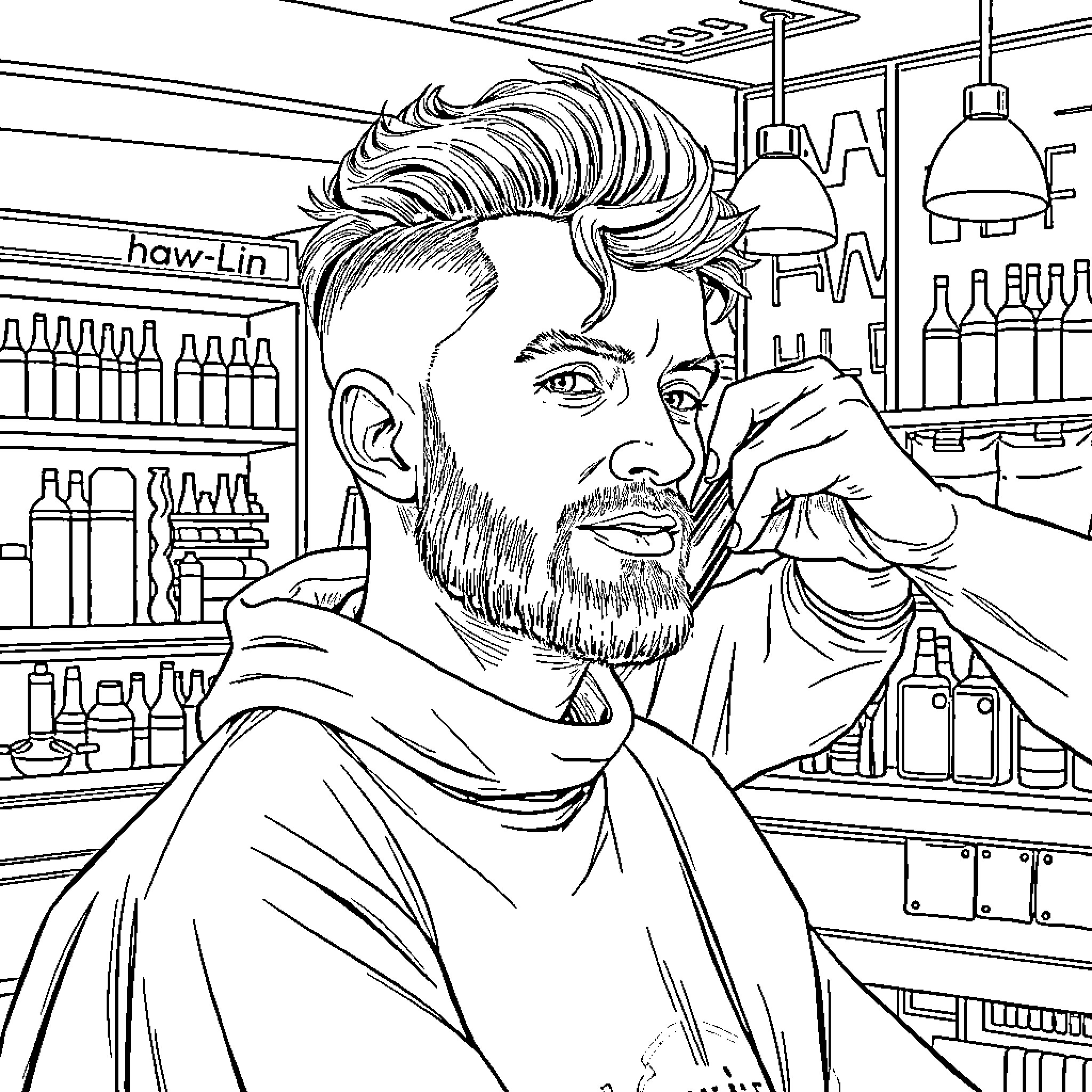 Marius Hirschel in a hair salon Coloring Page (free black-and-white line drawing printable PDF for all, from beginners to advanced learners, including children, teens, adults, and seniors)