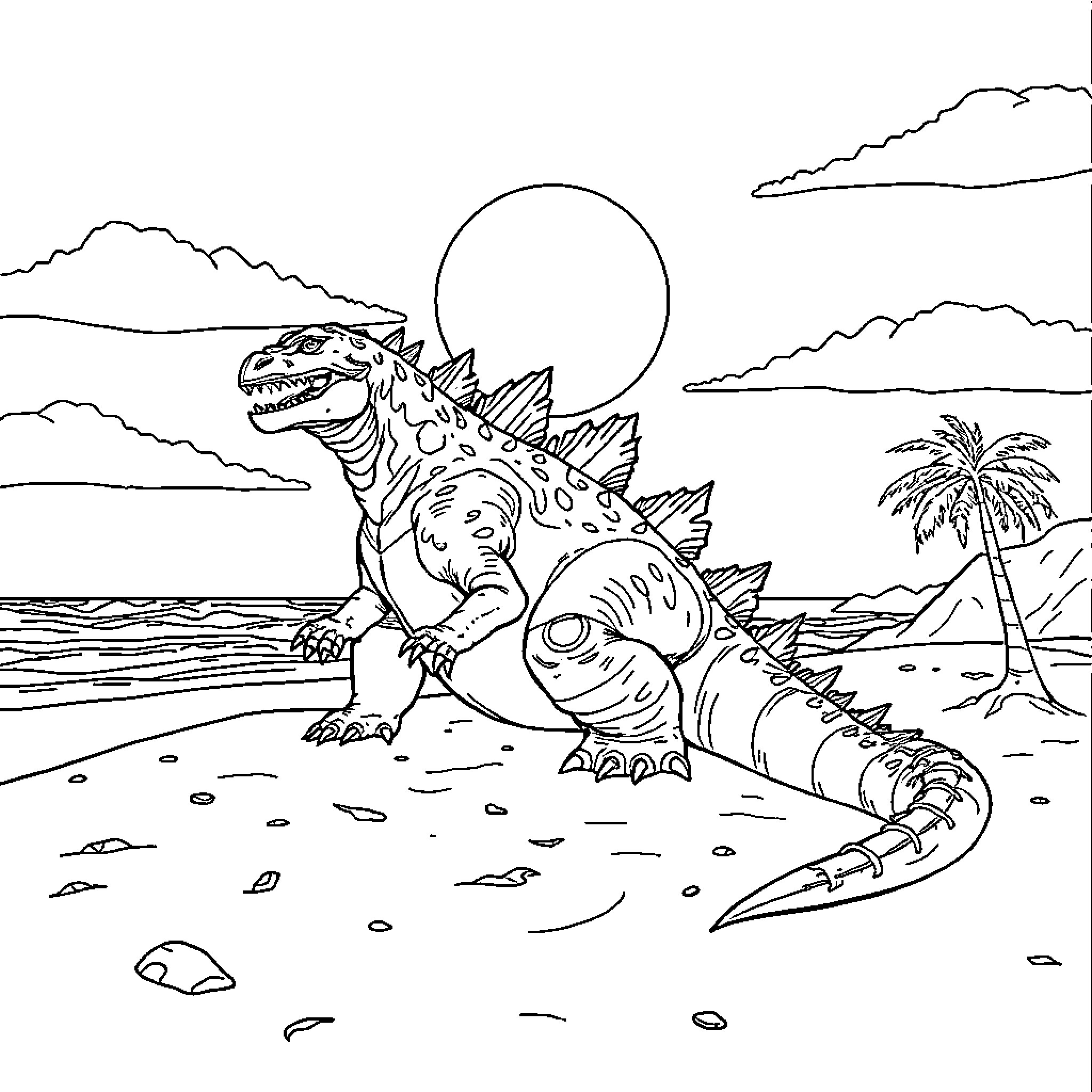 Godzilla stomping through tropical beach scene Coloring Page (free black-and-white line drawing printable PDF for all, from beginners to advanced learners, including children, teens, adults, and seniors)