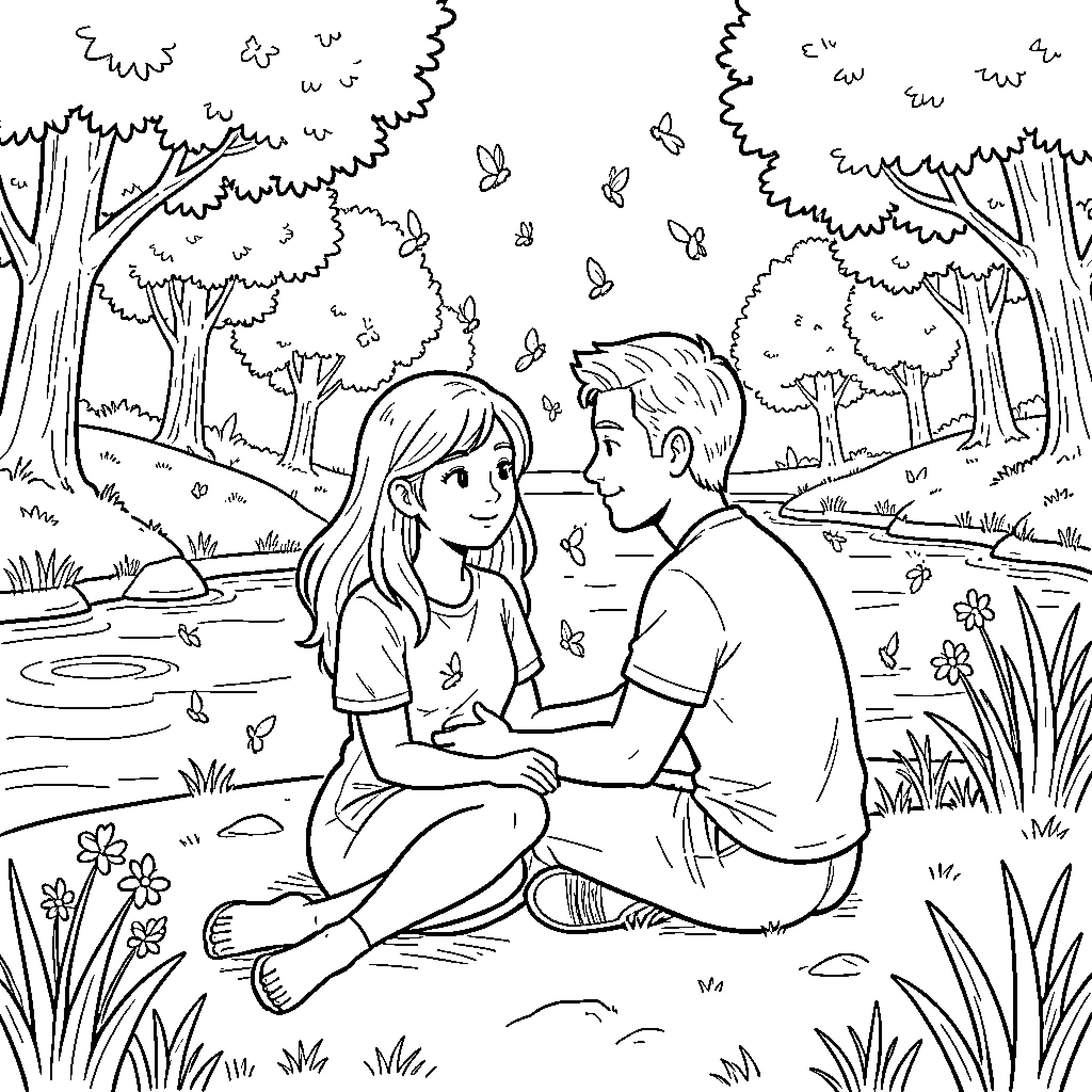 Couple sitting together by a peaceful river Coloring Page (free black-and-white line drawing printable PDF for all, from beginners to advanced learners, including children, teens, adults, and seniors)
