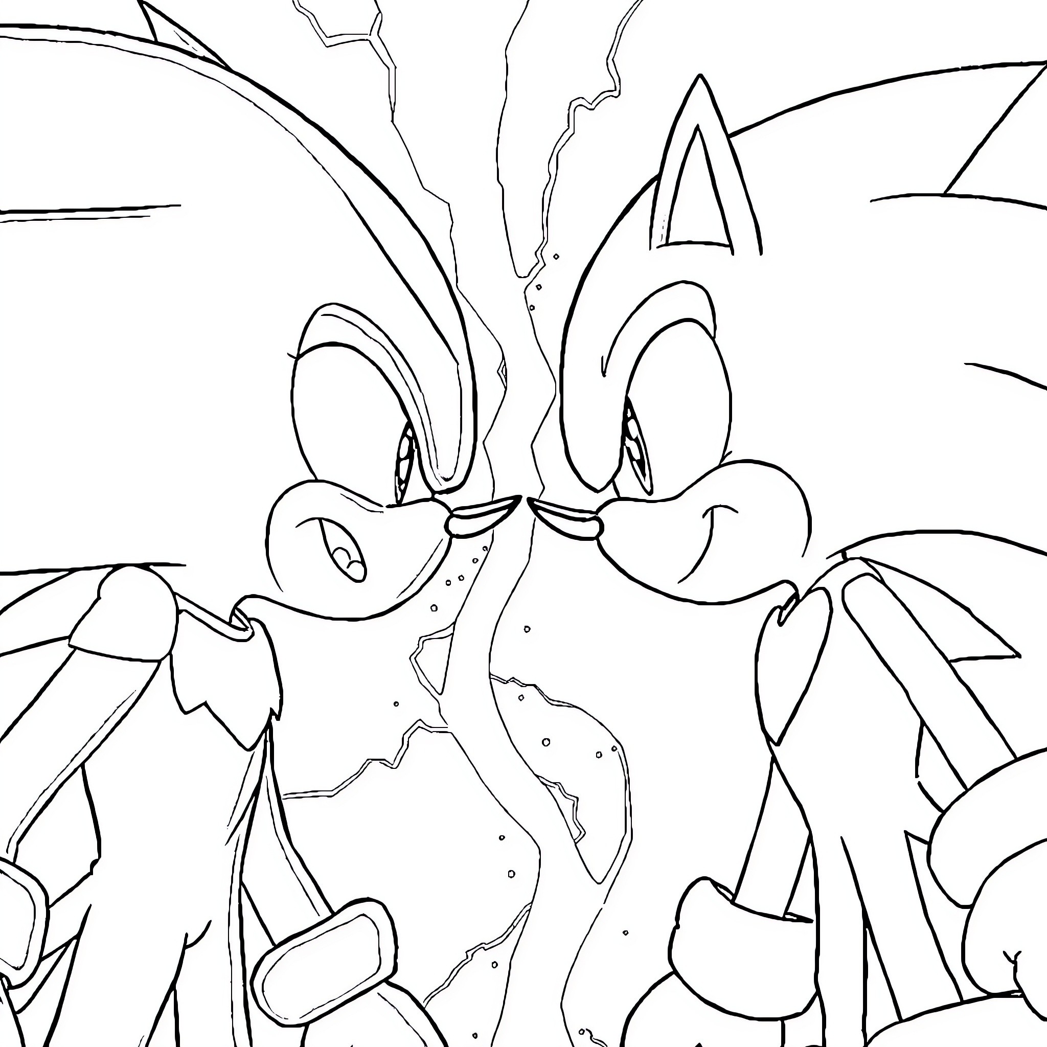 Sonic characters in dynamic action poses Coloring Page (free black-and-white line drawing printable PDF for all, from beginners to advanced learners, including children, teens, adults, and seniors)