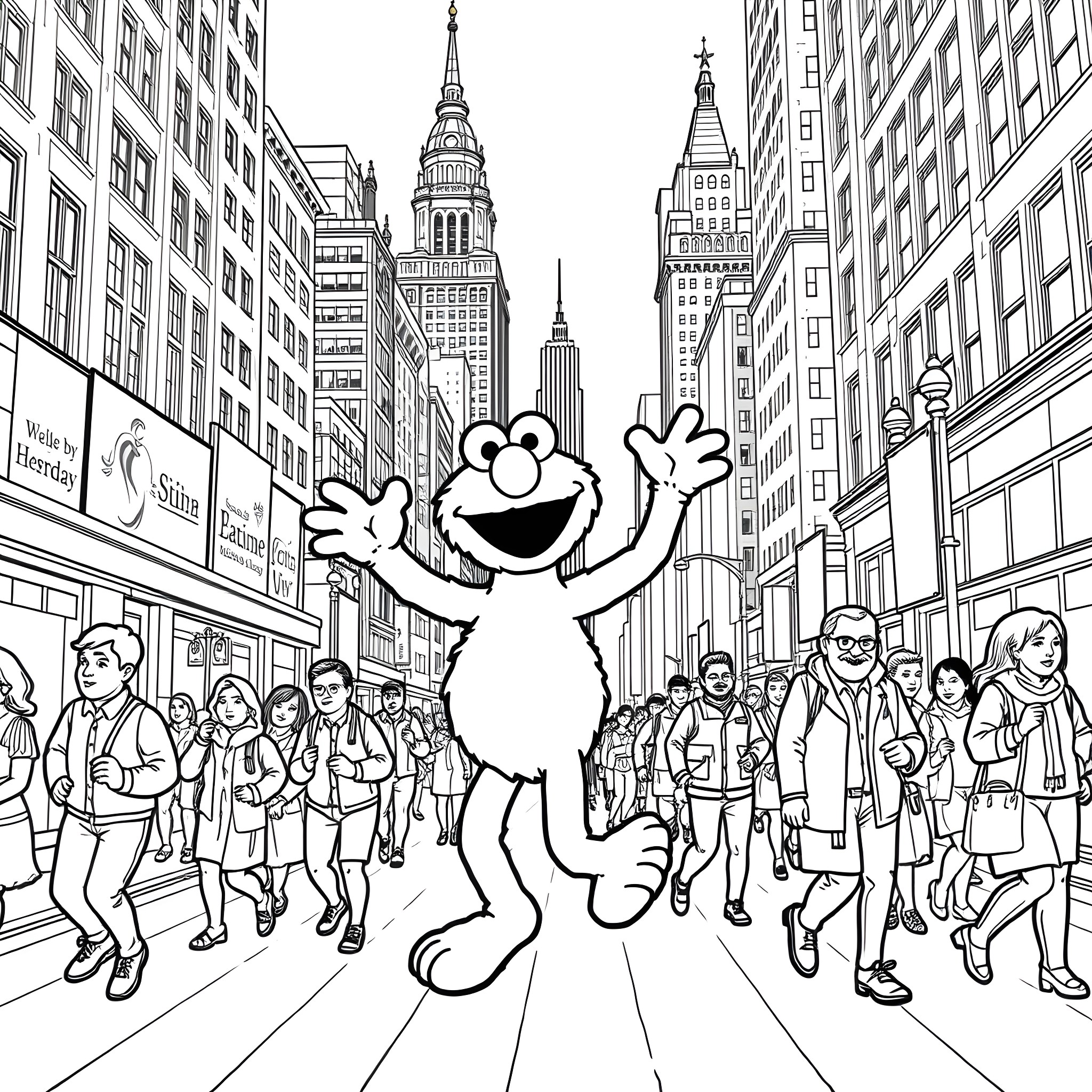 Elmo greets the crowd in the bustling city Coloring Page (free black-and-white line drawing printable PDF for all, from beginners to advanced learners, including children, teens, adults, and seniors)