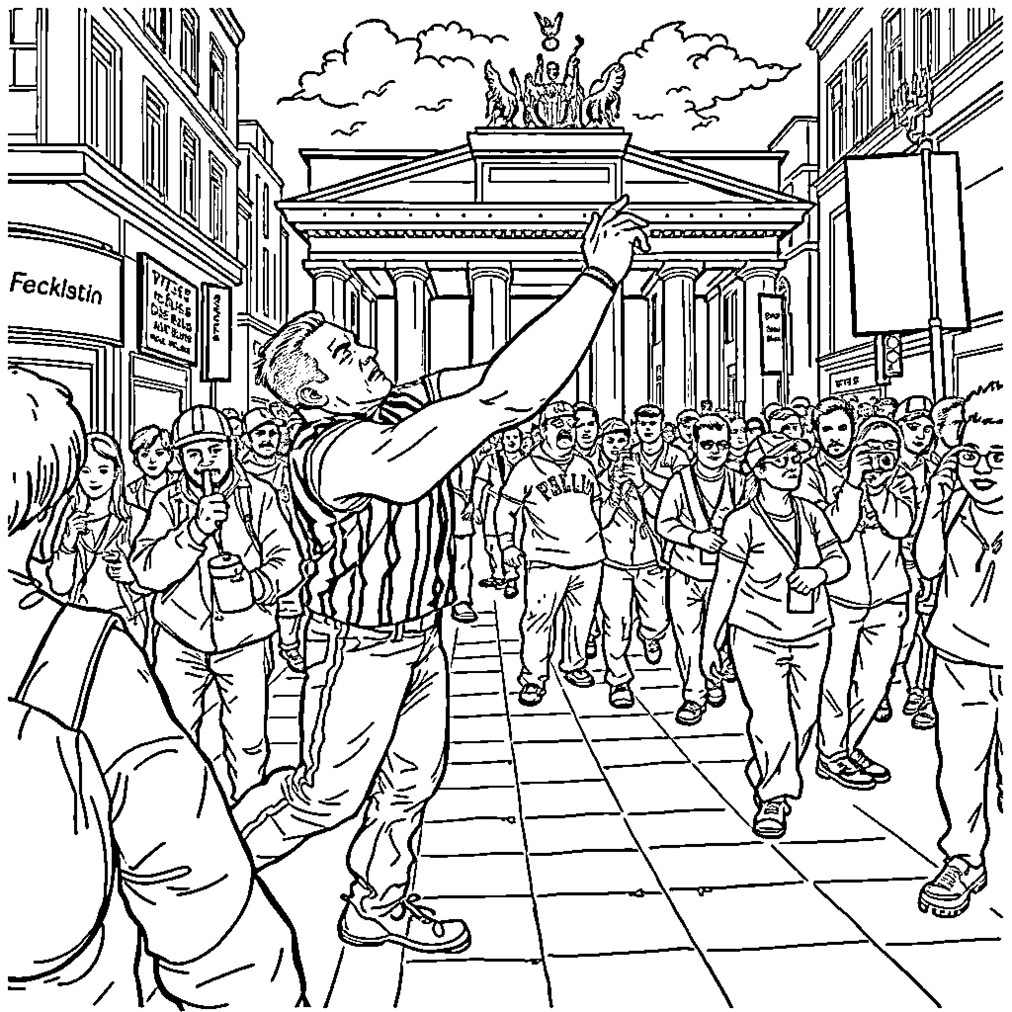 John Cena leading a protest march in the city Coloring Page (free black-and-white line drawing printable PDF for all, from beginners to advanced learners, including children, teens, adults, and seniors)