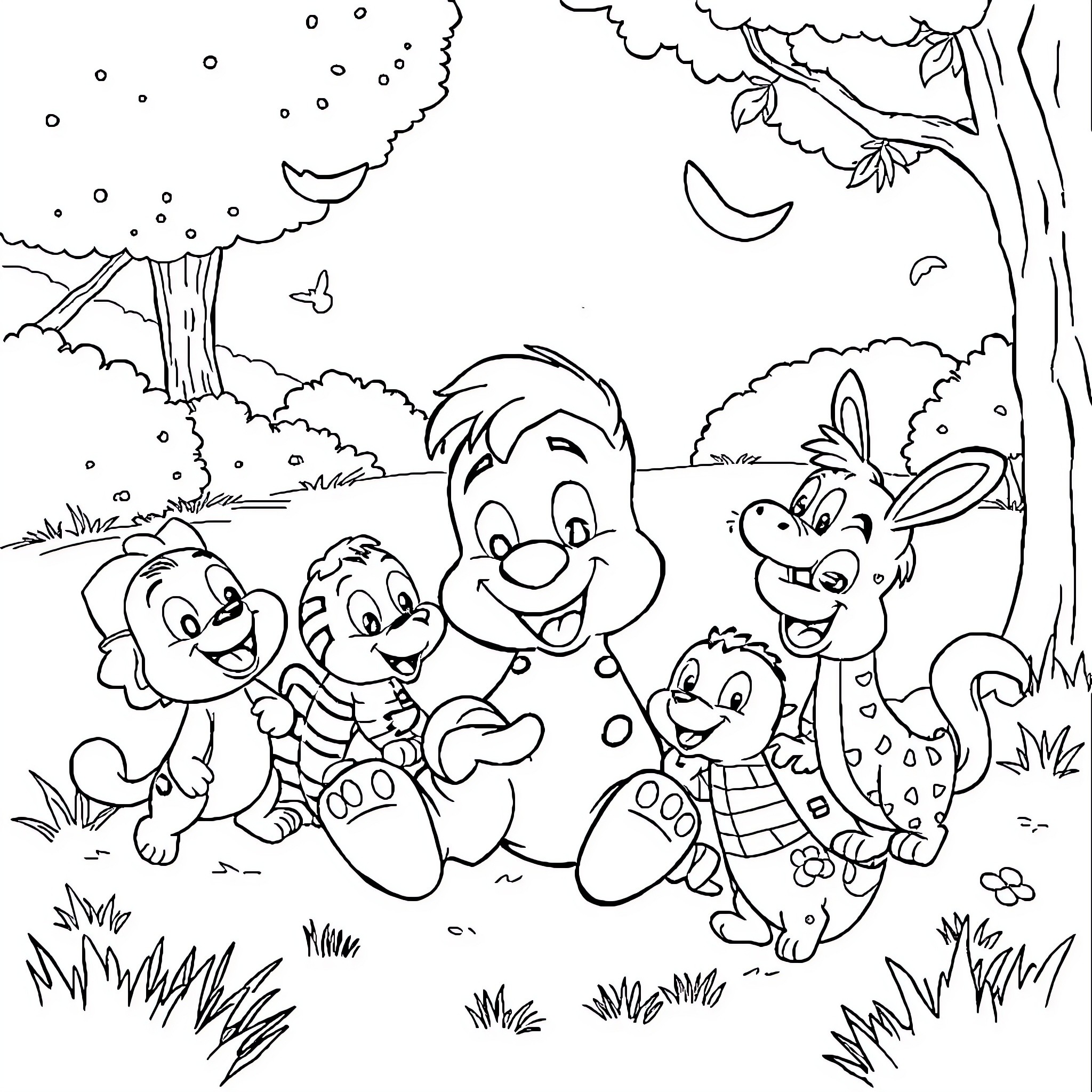 Bing cartoon characters playing in the forest Coloring Page (free black-and-white line drawing printable PDF for all, from beginners to advanced learners, including children, teens, adults, and seniors)