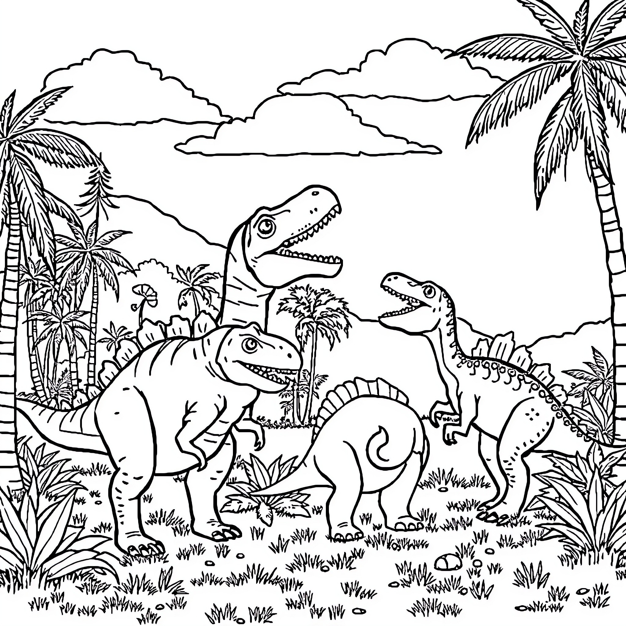 Dinosaurs roaming in a tropical jungle landscape Coloring Page (free black-and-white line drawing printable PDF for all, from beginners to advanced learners, including children, teens, adults, and seniors)