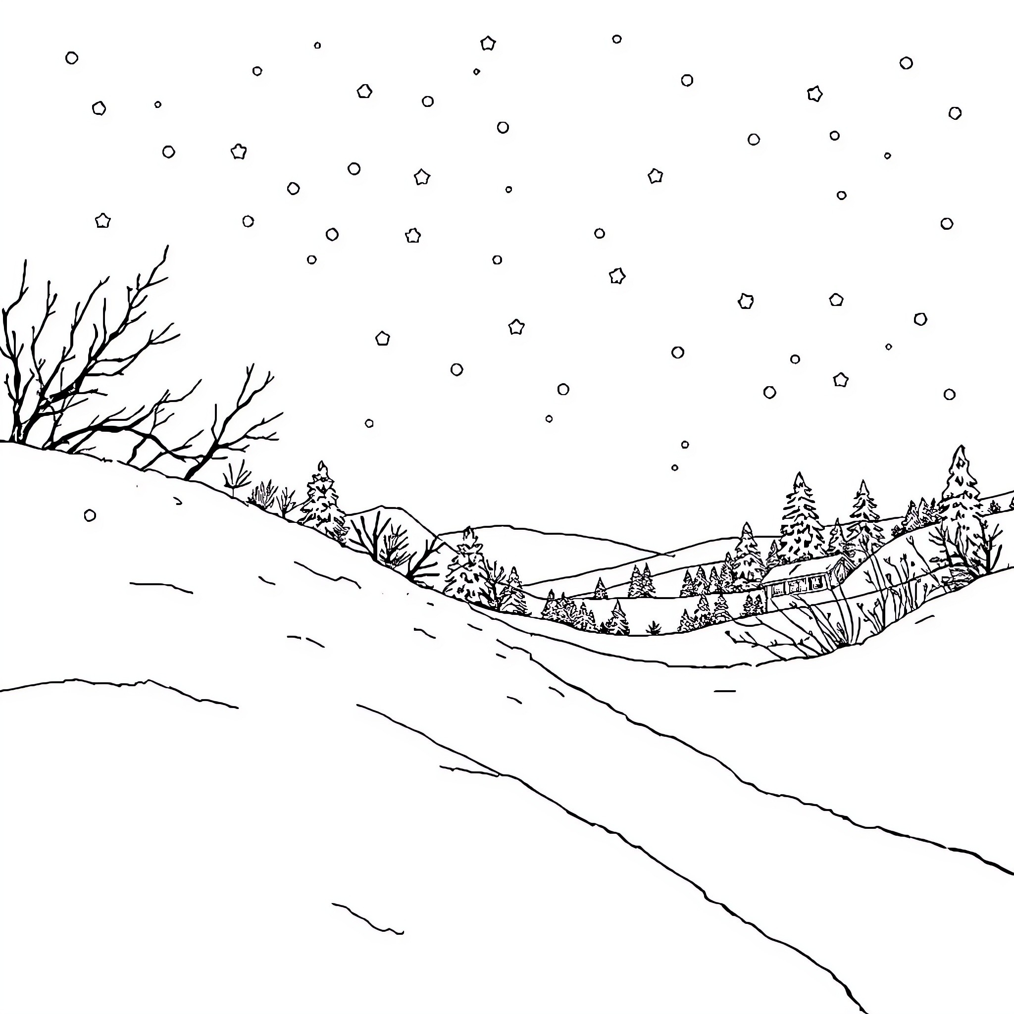 Frozen winter landscape with bare trees and snowfall Coloring Page (free black-and-white line drawing printable PDF for all, from beginners to advanced learners, including children, teens, adults, and seniors)