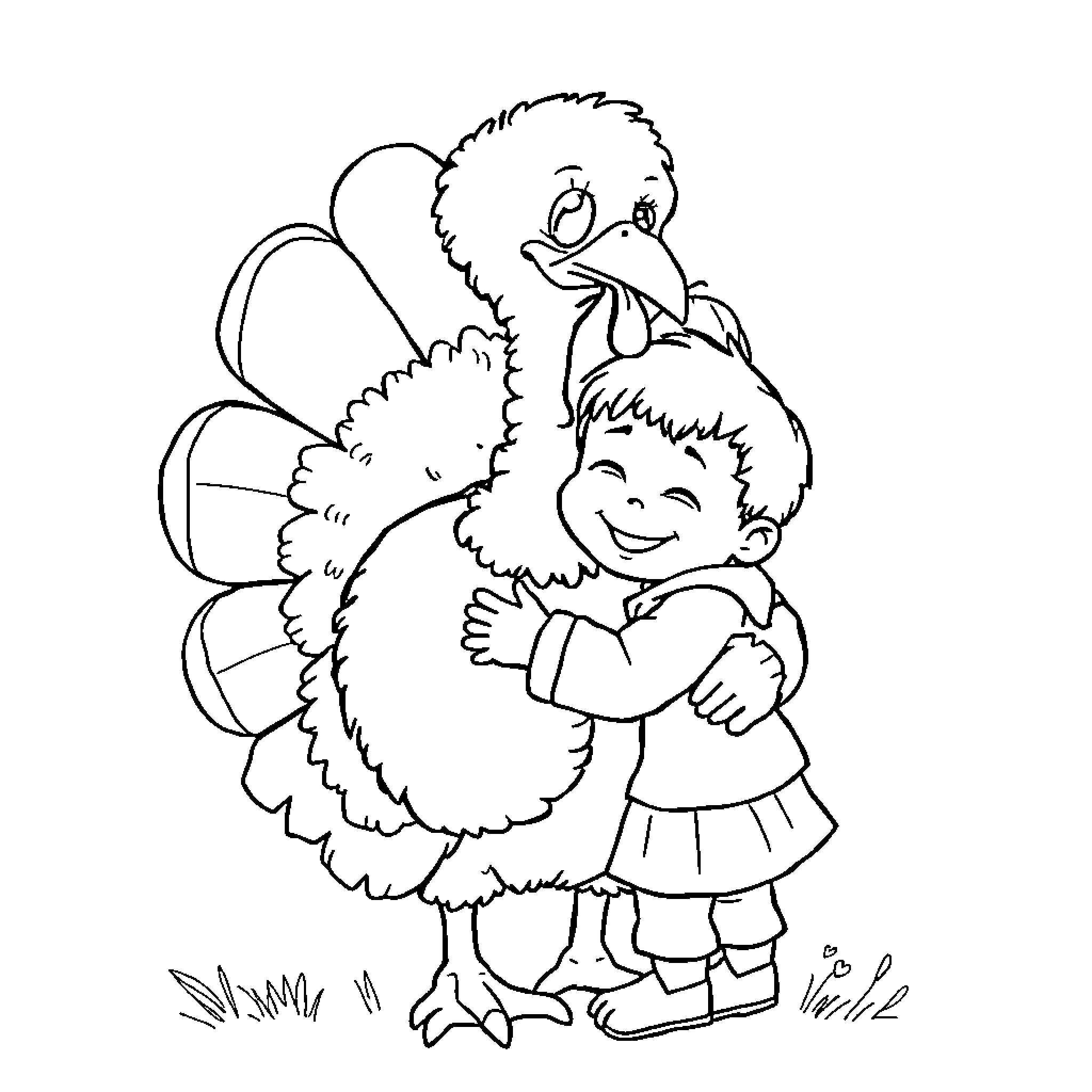Turkey hugging a young child Coloring Page (free black-and-white line drawing printable PDF for all, from beginners to advanced learners, including children, teens, adults, and seniors)