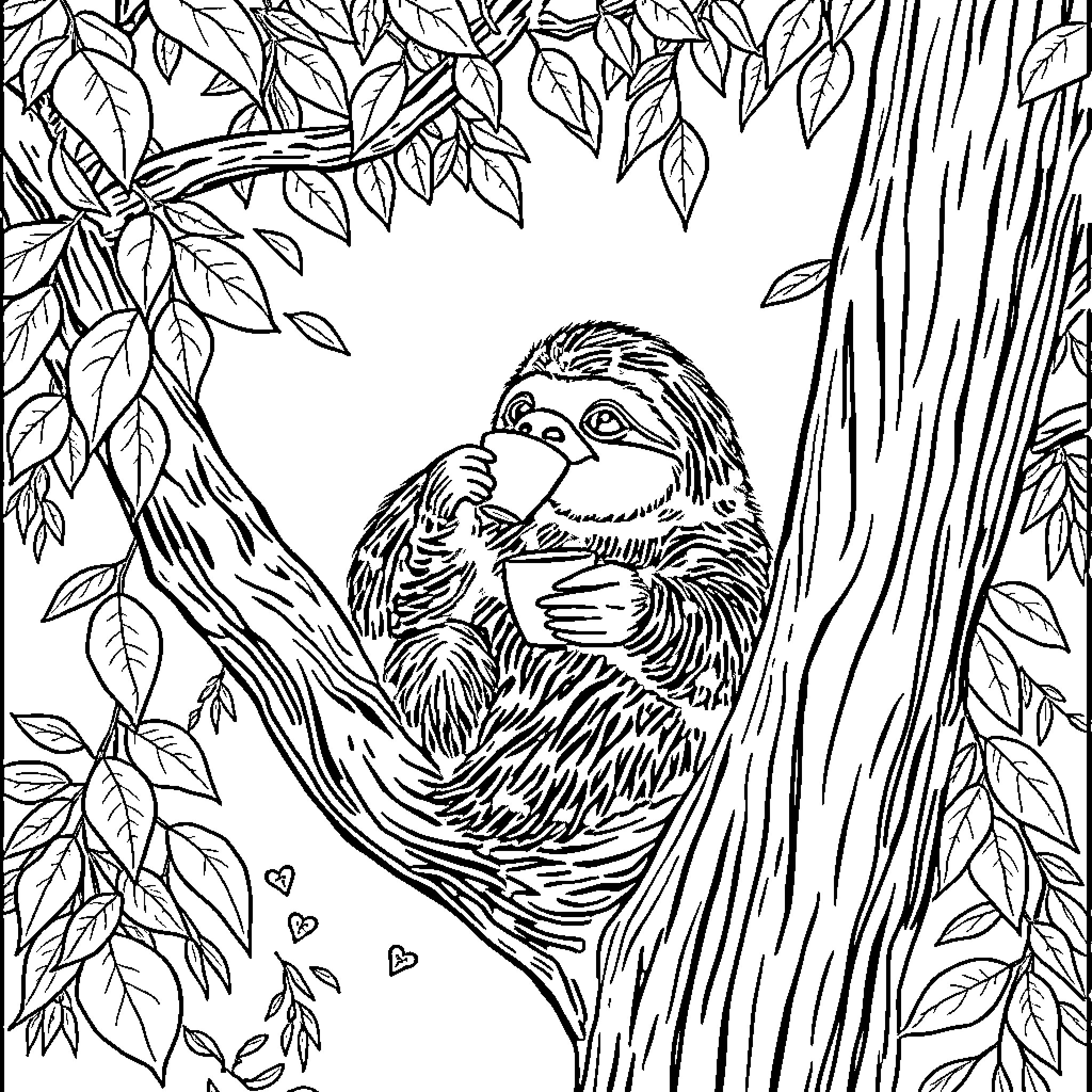Sloth relaxing peacefully in the jungle foliage Coloring Page (free black-and-white line drawing printable PDF for all, from beginners to advanced learners, including children, teens, adults, and seniors)