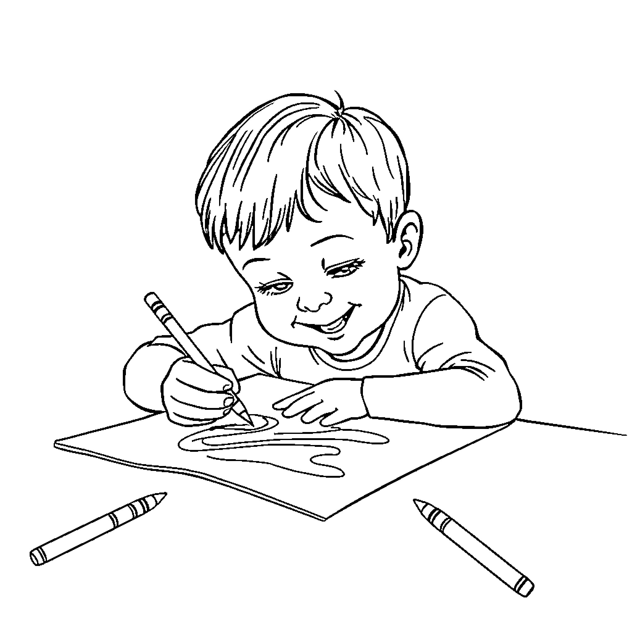 Scribble of a boy concentrating on drawing Coloring Page (free black-and-white line drawing printable PDF for all, from beginners to advanced learners, including children, teens, adults, and seniors)