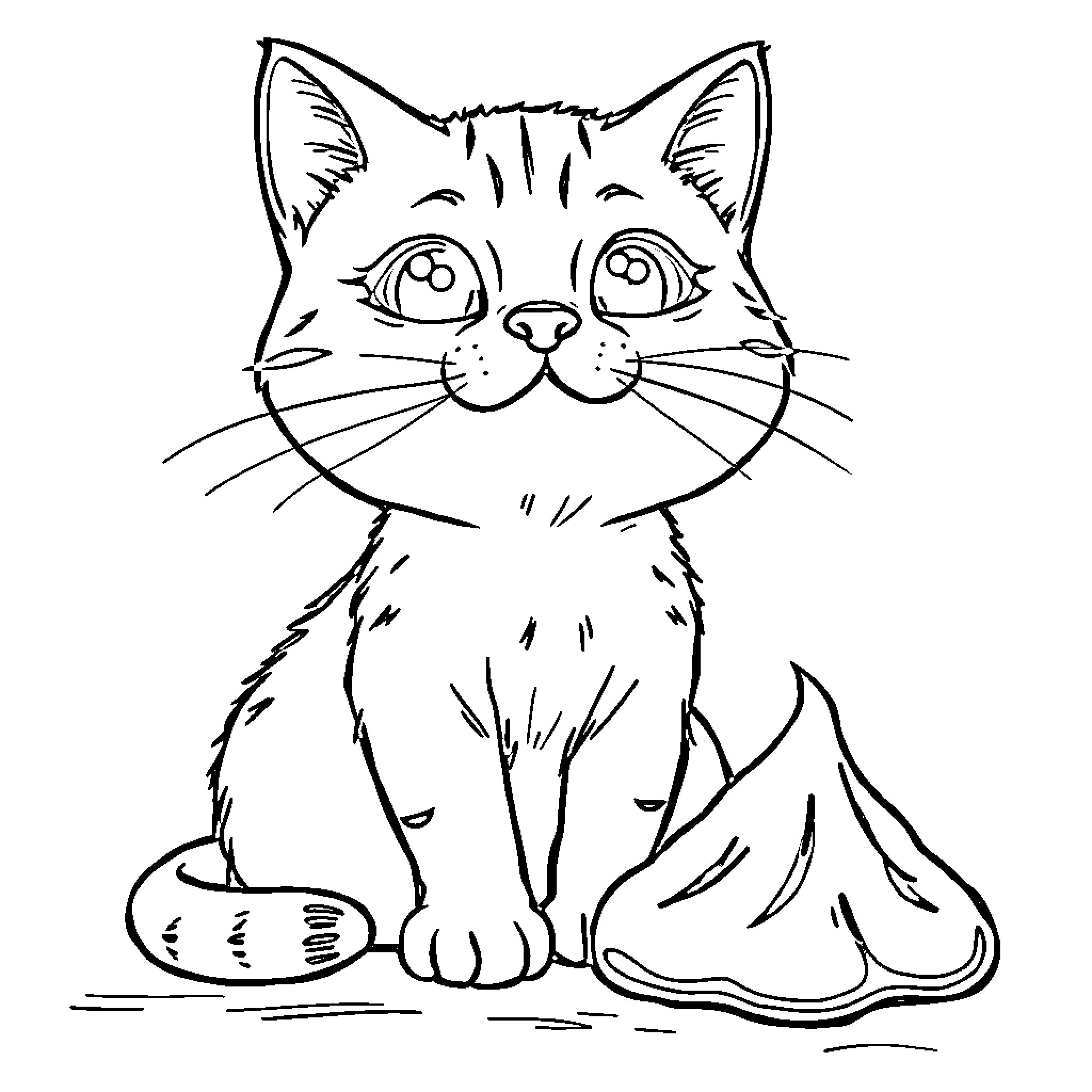 Cat sitting with big eyes Coloring Page (free black-and-white line drawing printable PDF for all, from beginners to advanced learners, including children, teens, adults, and seniors)