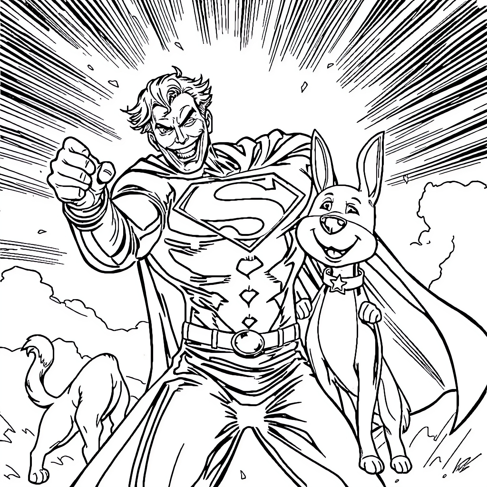 Joker and Sidekick in Action-Packed Scene Coloring Page (free black-and-white line drawing printable PDF for all, from beginners to advanced learners, including children, teens, adults, and seniors)