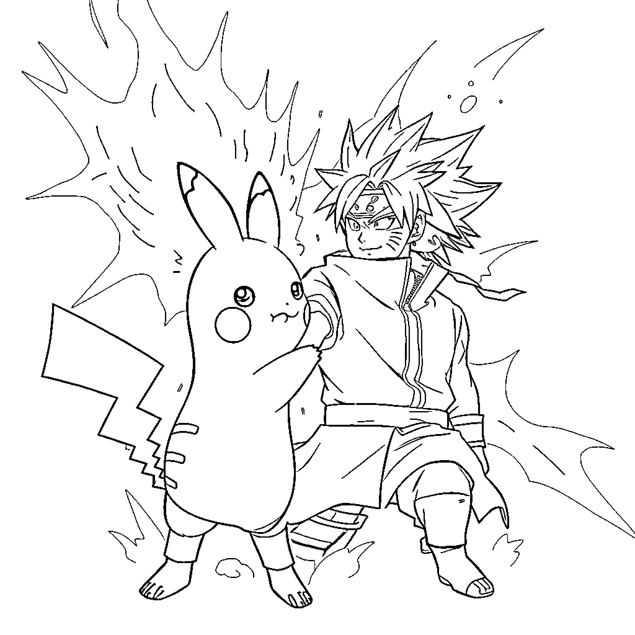 Pikachu and Trainer in Action Coloring Page (free black-and-white line drawing printable PDF for all, from beginners to advanced learners, including children, teens, adults, and seniors)