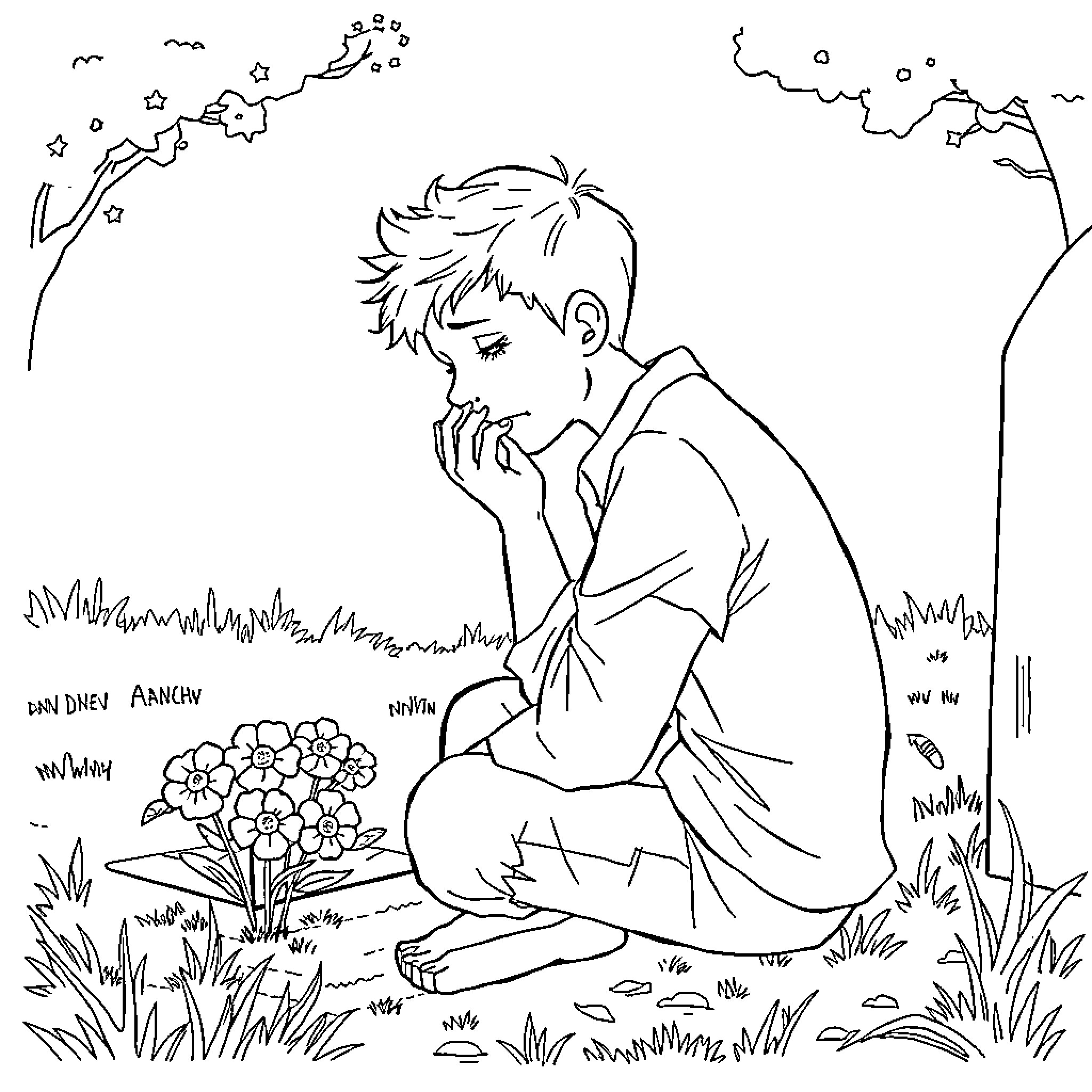 Guy contemplating in nature surrounded by flowers Coloring Page (free black-and-white line drawing printable PDF for all, from beginners to advanced learners, including children, teens, adults, and seniors)