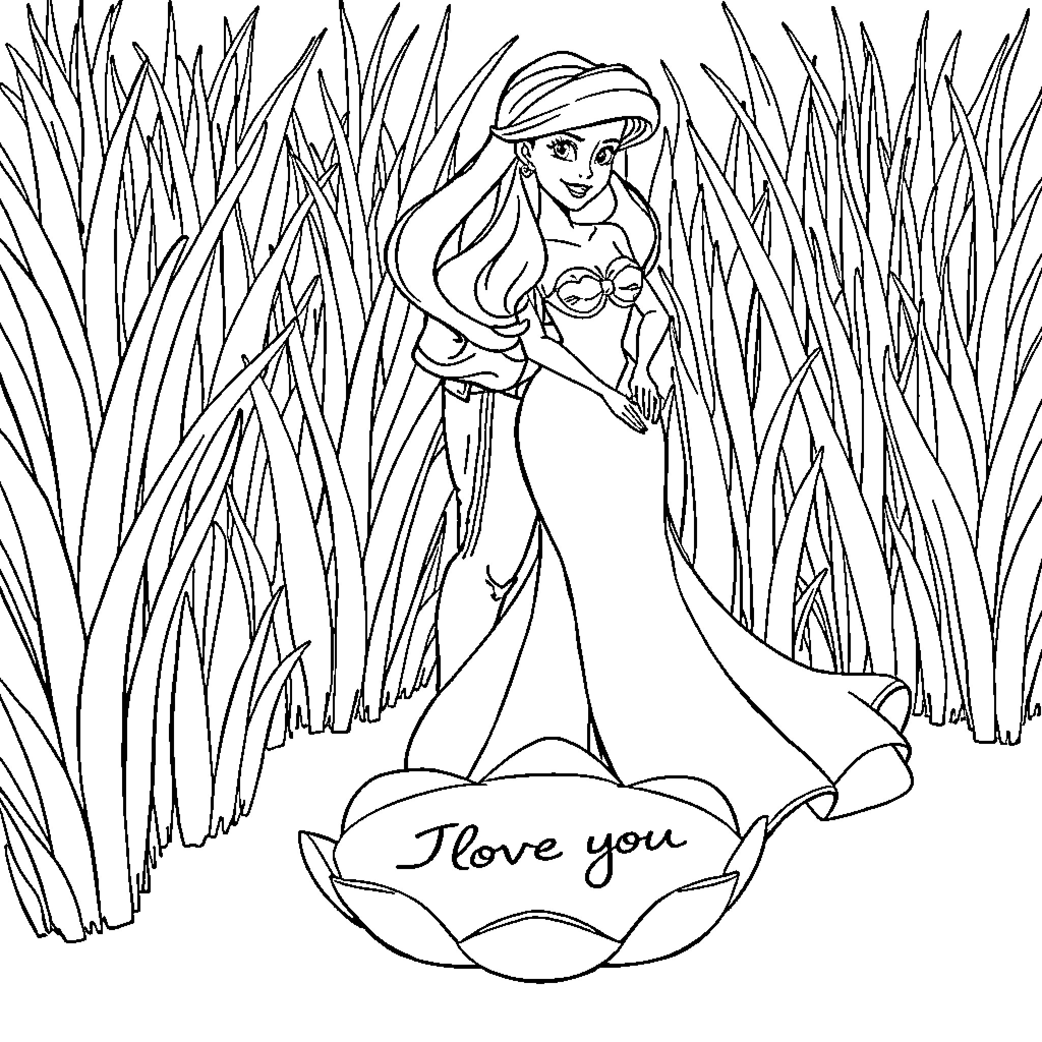 Ariel expressing love in the sea of grass Coloring Page (free black-and-white line drawing printable PDF for all, from beginners to advanced learners, including children, teens, adults, and seniors)