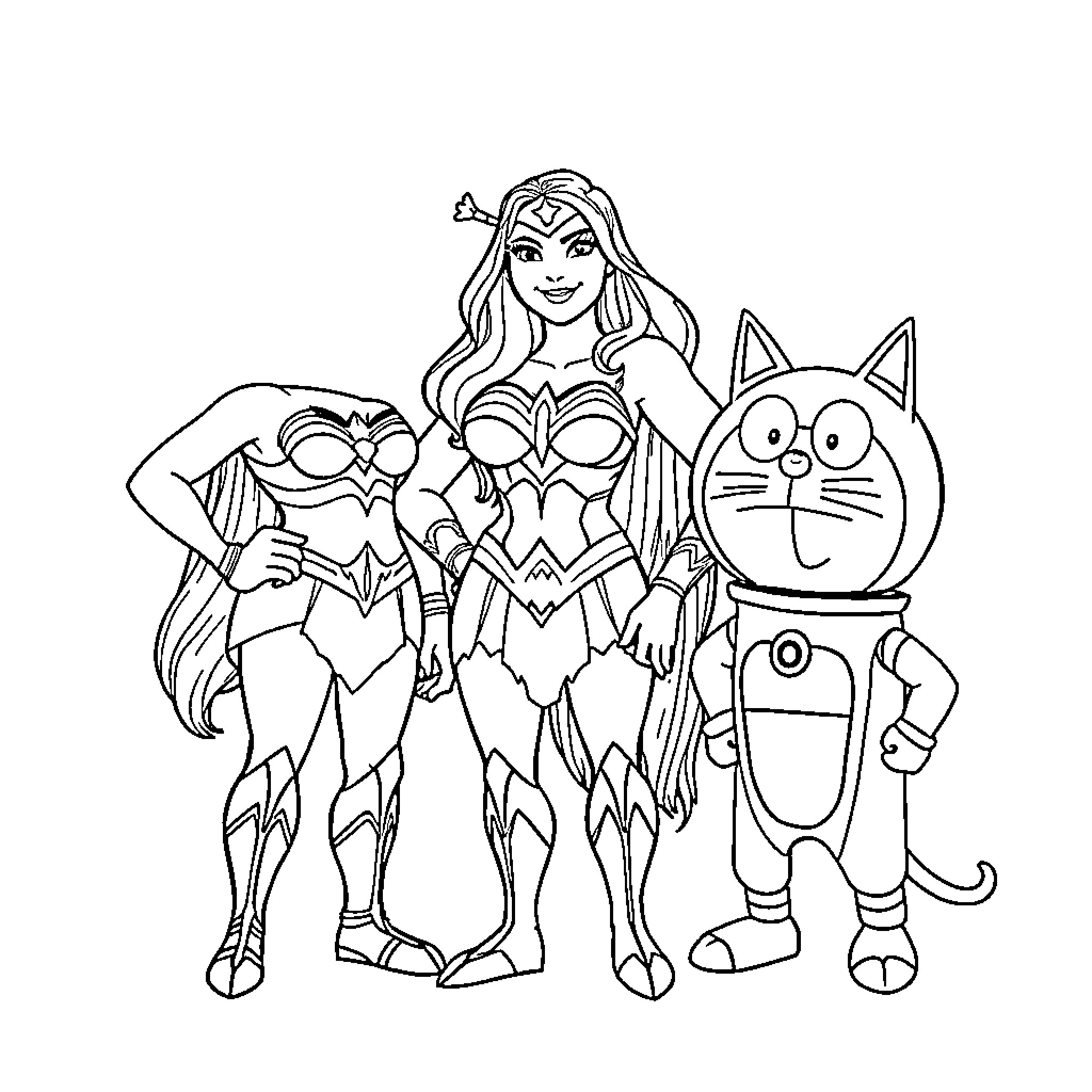 Wonder Woman and her Feline Companion on an Adventure Coloring Page (free black-and-white line drawing printable PDF for all, from beginners to advanced learners, including children, teens, adults, and seniors)