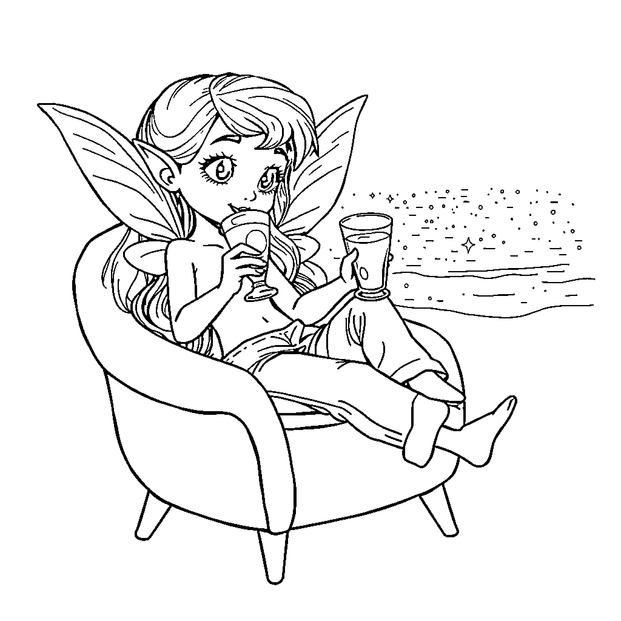 Fairy enjoying a peaceful moment with drink Coloring Page (free black-and-white line drawing printable PDF for all, from beginners to advanced learners, including children, teens, adults, and seniors)