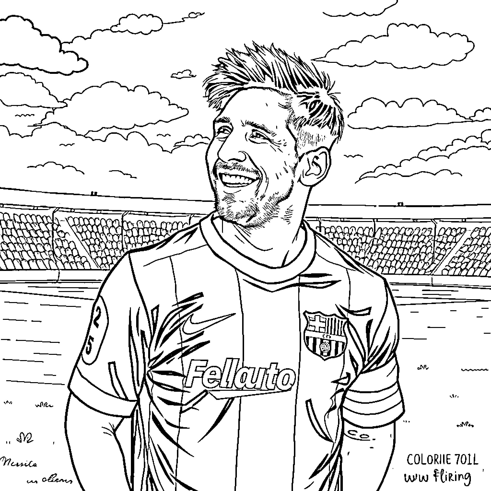 Messi smiling on the field in sports jersey Coloring Page (free black-and-white line drawing printable PDF for all, from beginners to advanced learners, including children, teens, adults, and seniors)