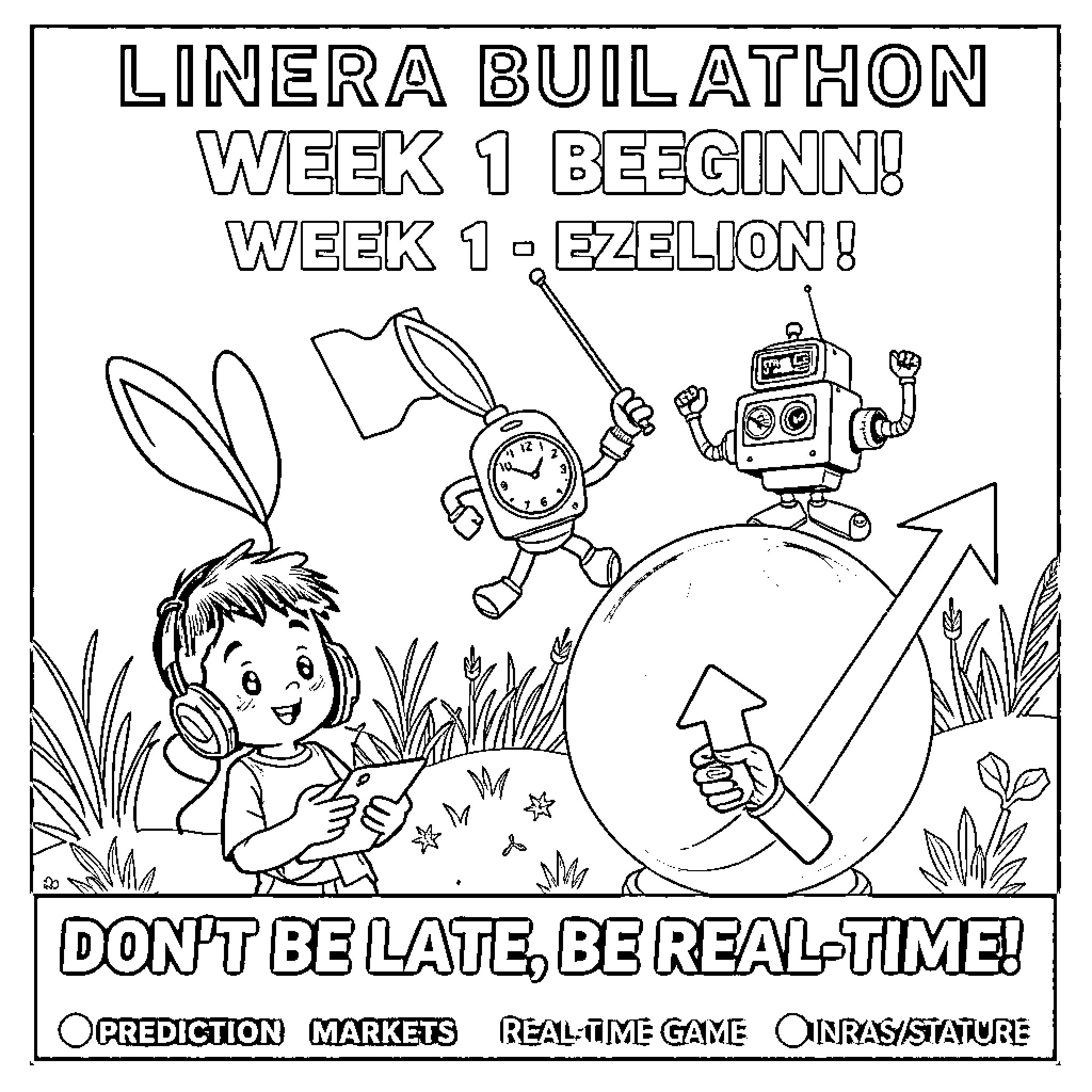 Rabbit exploring the world of Linera Builathon Coloring Page (free black-and-white line drawing printable PDF for all, from beginners to advanced learners, including children, teens, adults, and seniors)