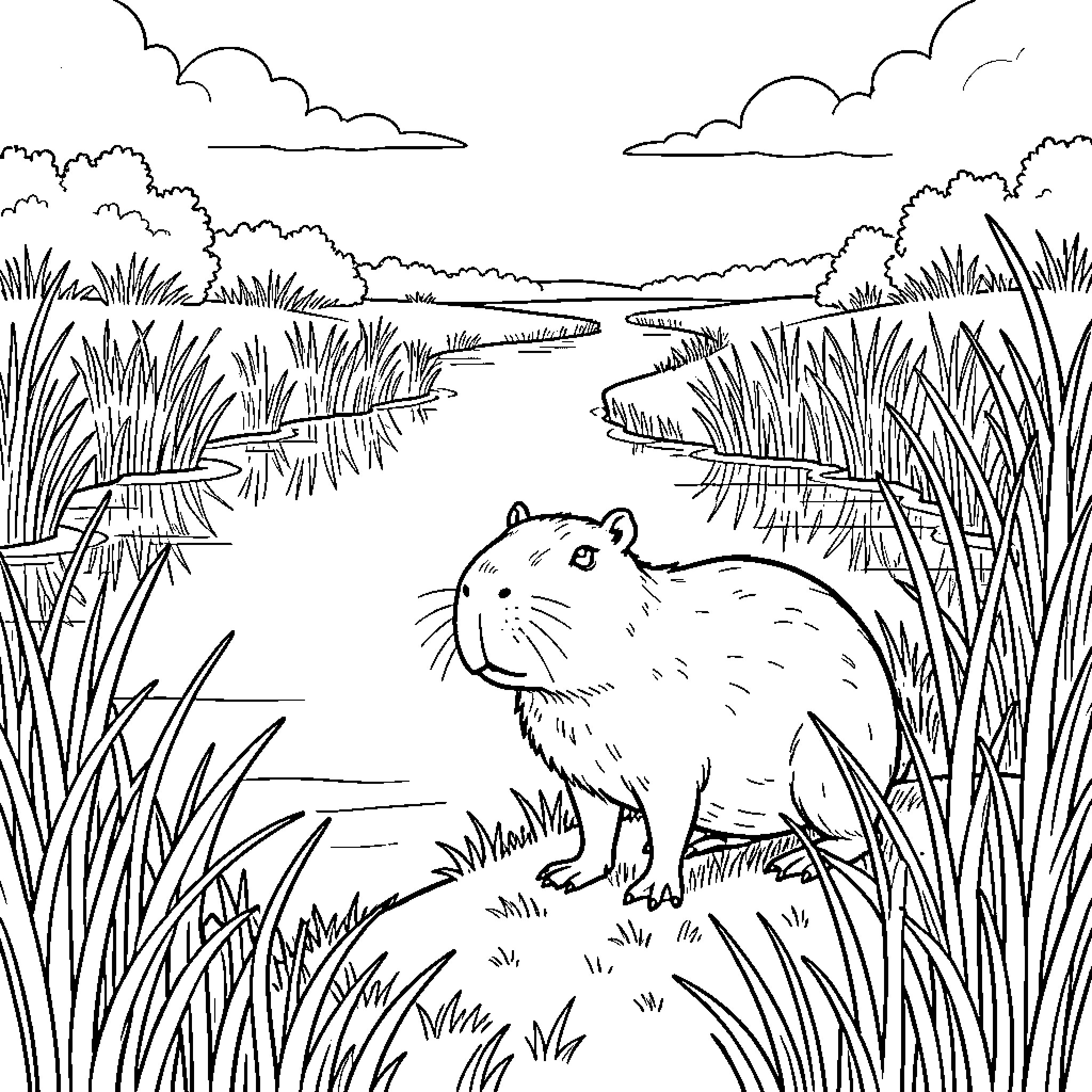 Capybara exploring the serene wetland landscape Coloring Page (free black-and-white line drawing printable PDF for all, from beginners to advanced learners, including children, teens, adults, and seniors)