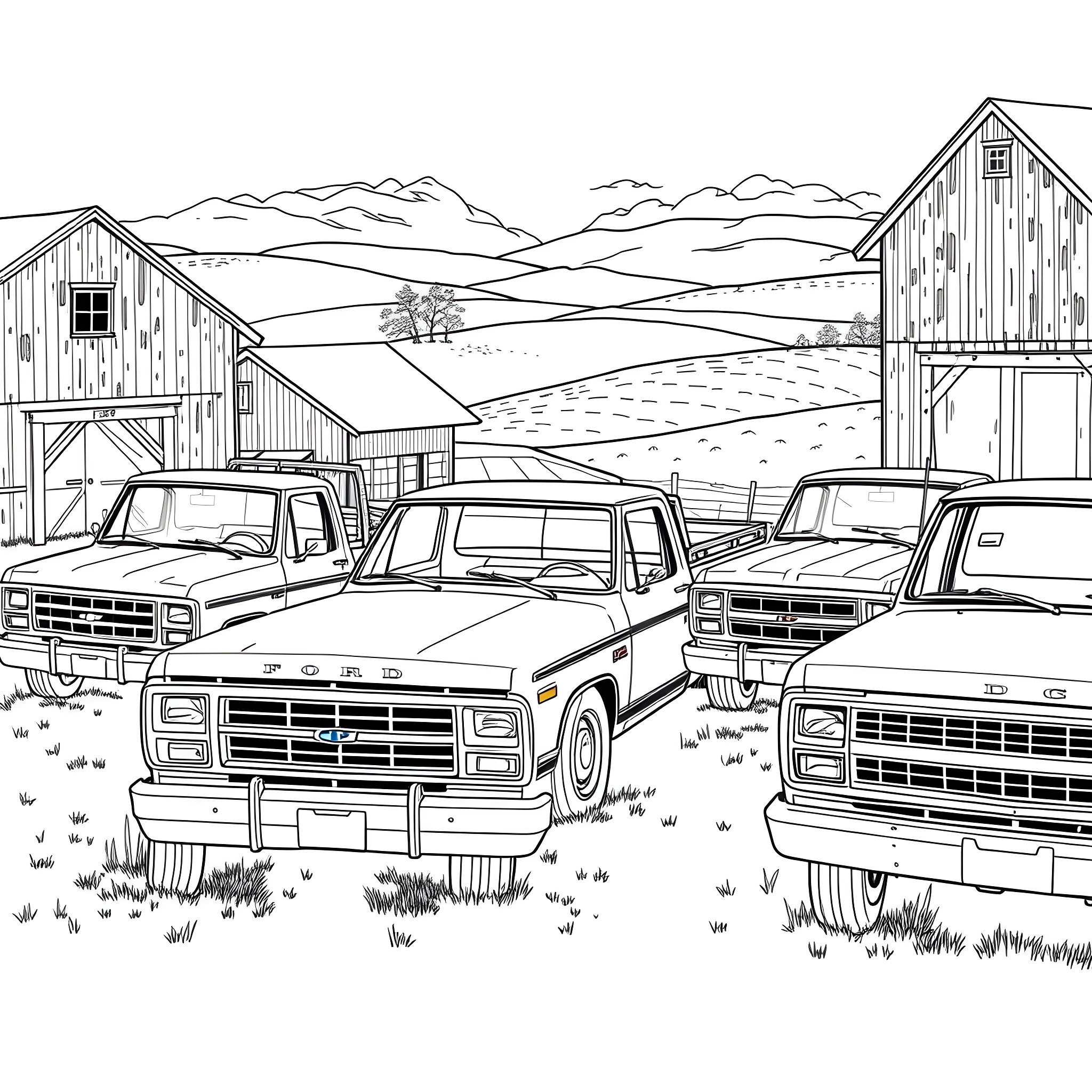 Pickup Trucks parked in front of rural barns Coloring Page (free black-and-white line drawing printable PDF for all, from beginners to advanced learners, including children, teens, adults, and seniors)