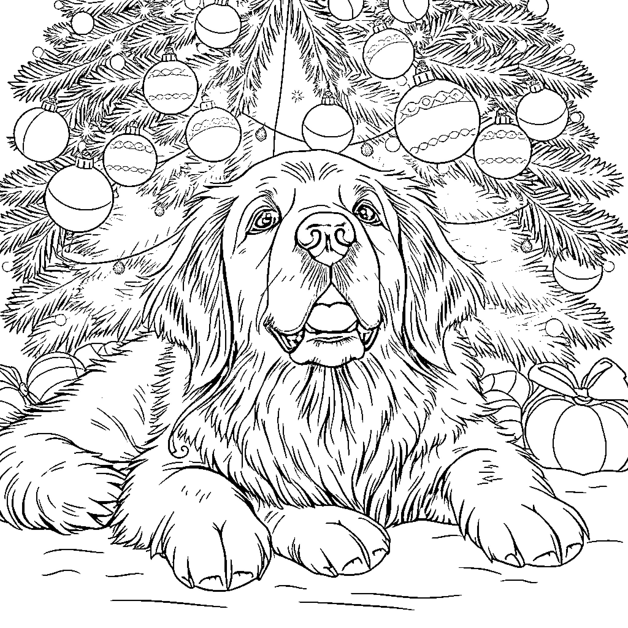 Retriever resting under Christmas tree Coloring Page (free black-and-white line drawing printable PDF for all, from beginners to advanced learners, including children, teens, adults, and seniors)