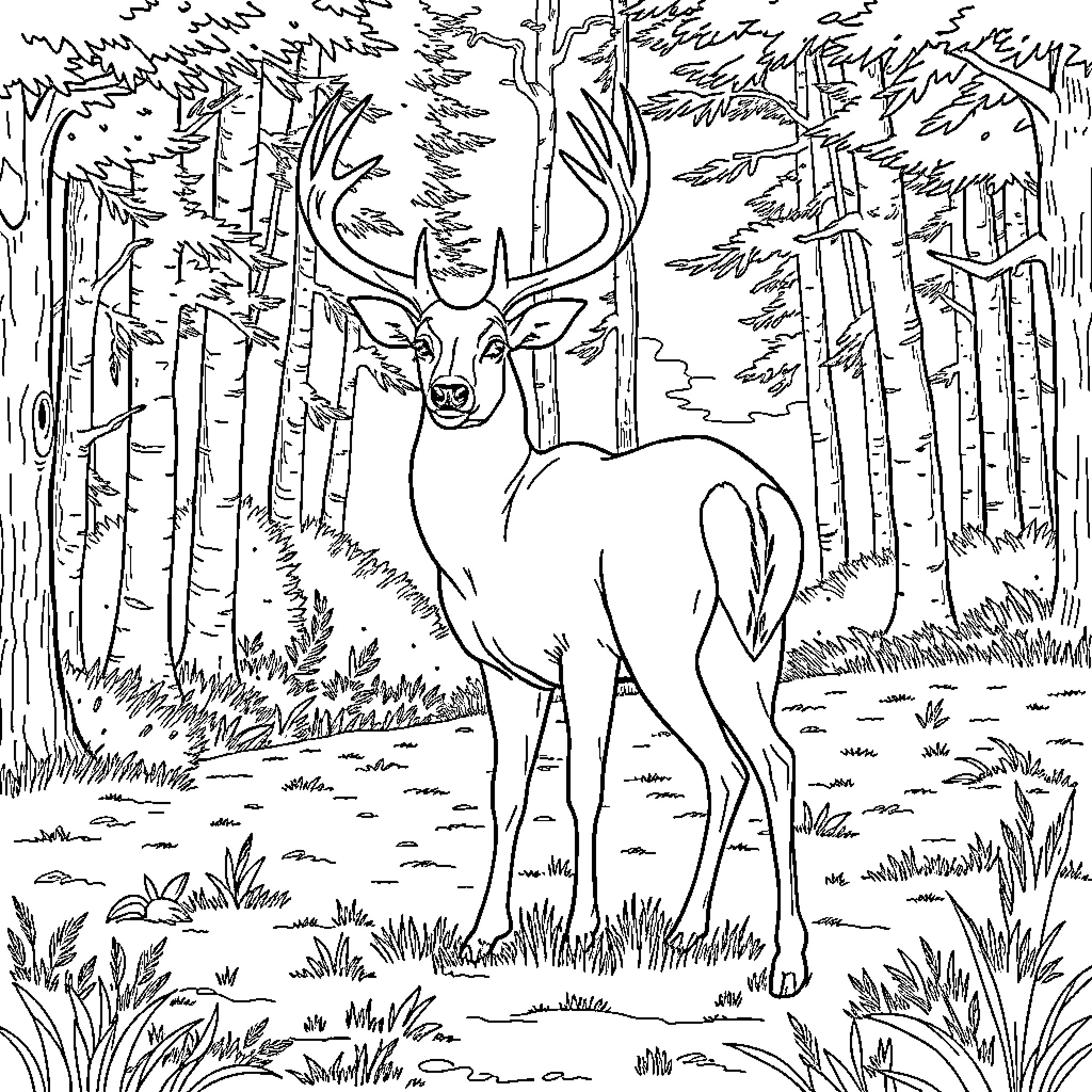 Deer standing in the forest Coloring Page (free black-and-white line drawing printable PDF for all, from beginners to advanced learners, including children, teens, adults, and seniors)