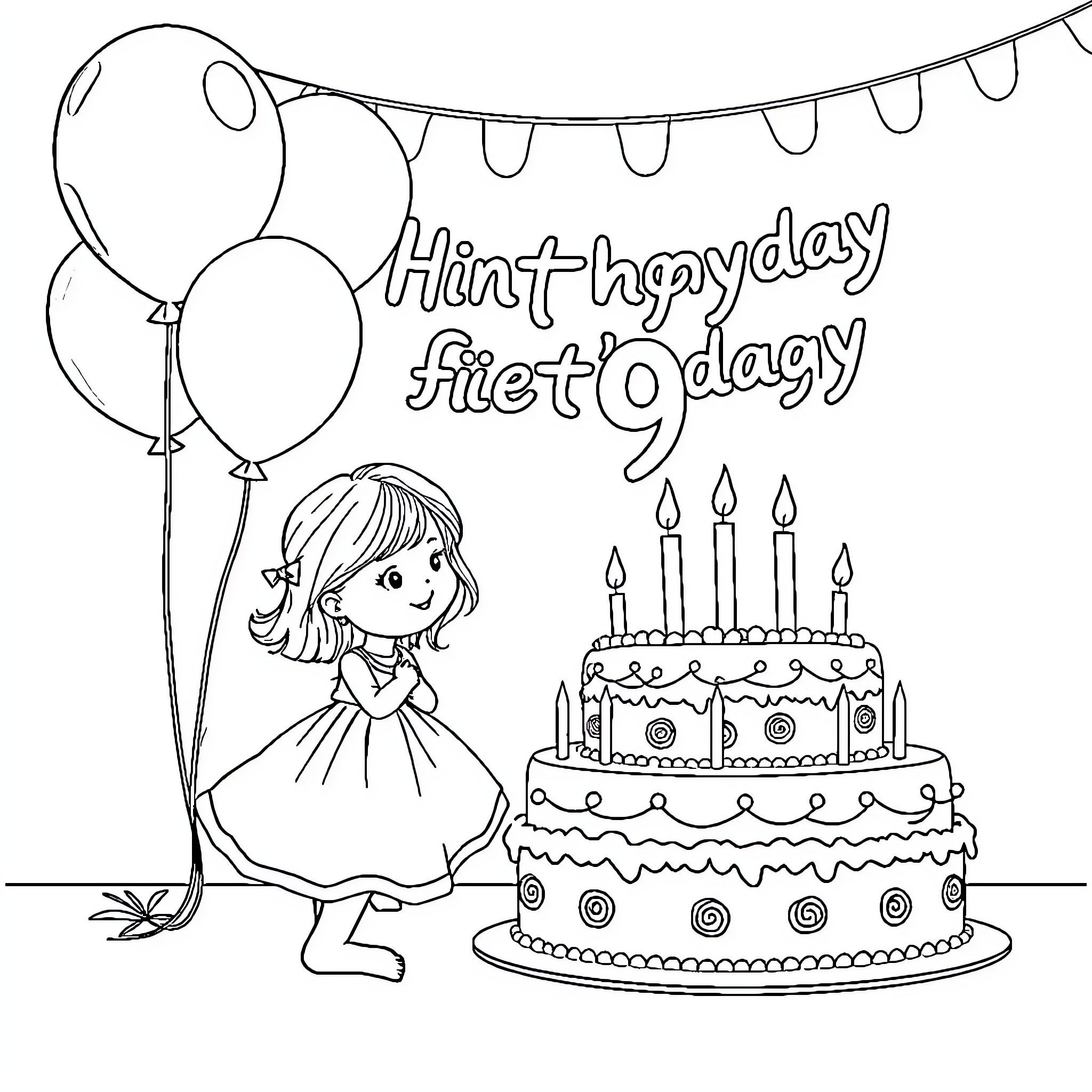 Birthday celebration with balloons and cake Coloring Page (free black-and-white line drawing printable PDF for all, from beginners to advanced learners, including children, teens, adults, and seniors)