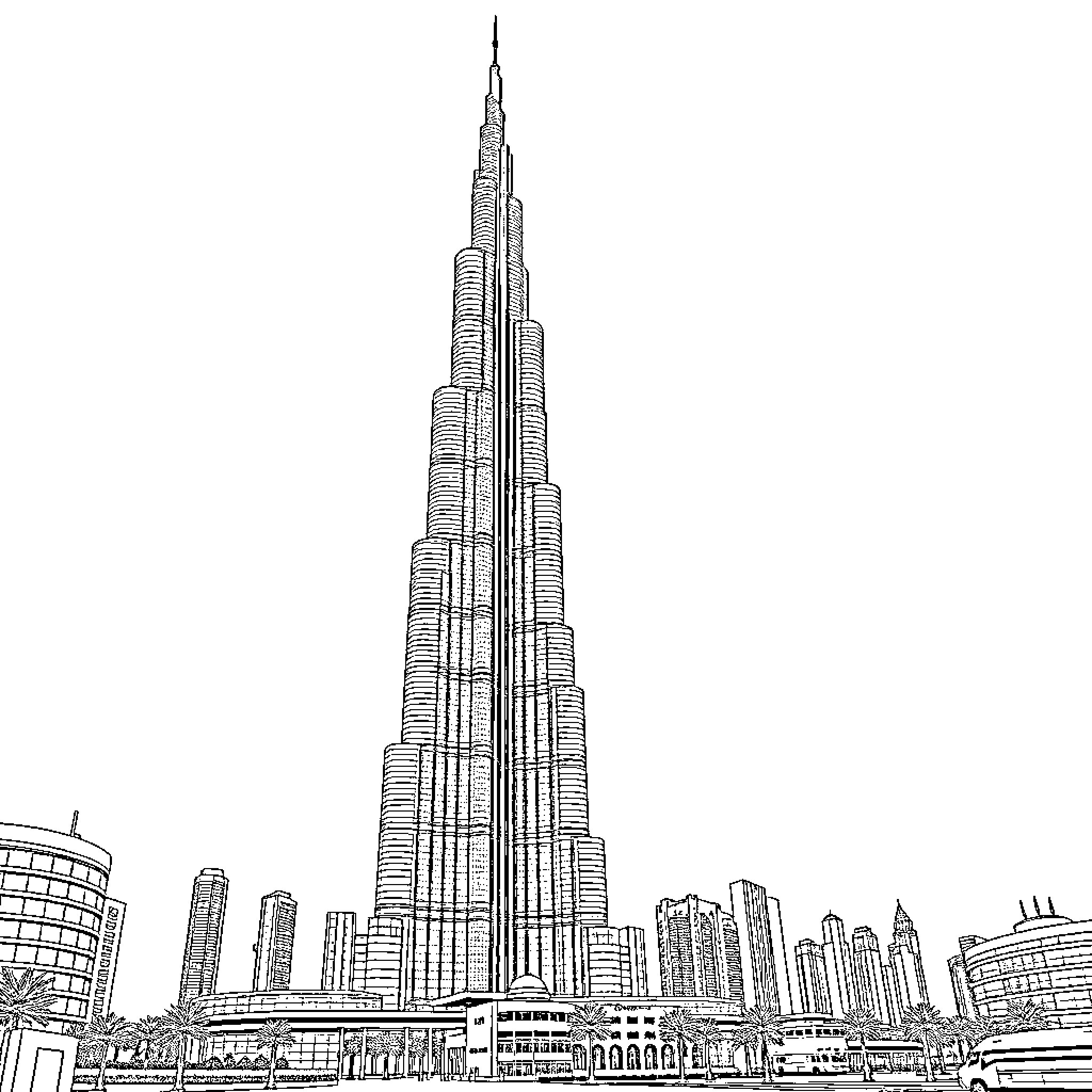 Burj Khalifa towering over Dubai skyline Coloring Page (free black-and-white line drawing printable PDF for all, from beginners to advanced learners, including children, teens, adults, and seniors)
