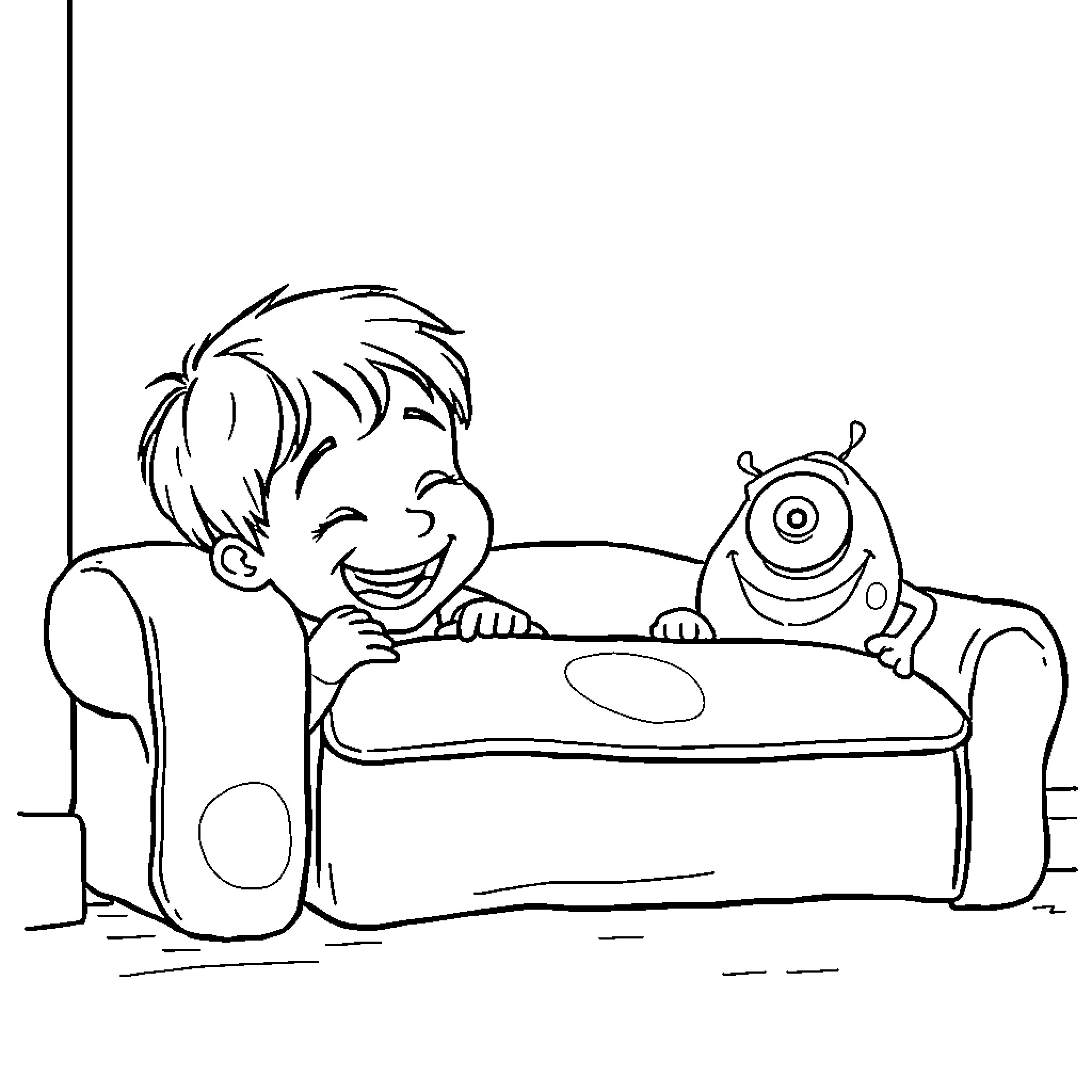 Boy playing with friendly monster on couch Coloring Page (free black-and-white line drawing printable PDF for all, from beginners to advanced learners, including children, teens, adults, and seniors)