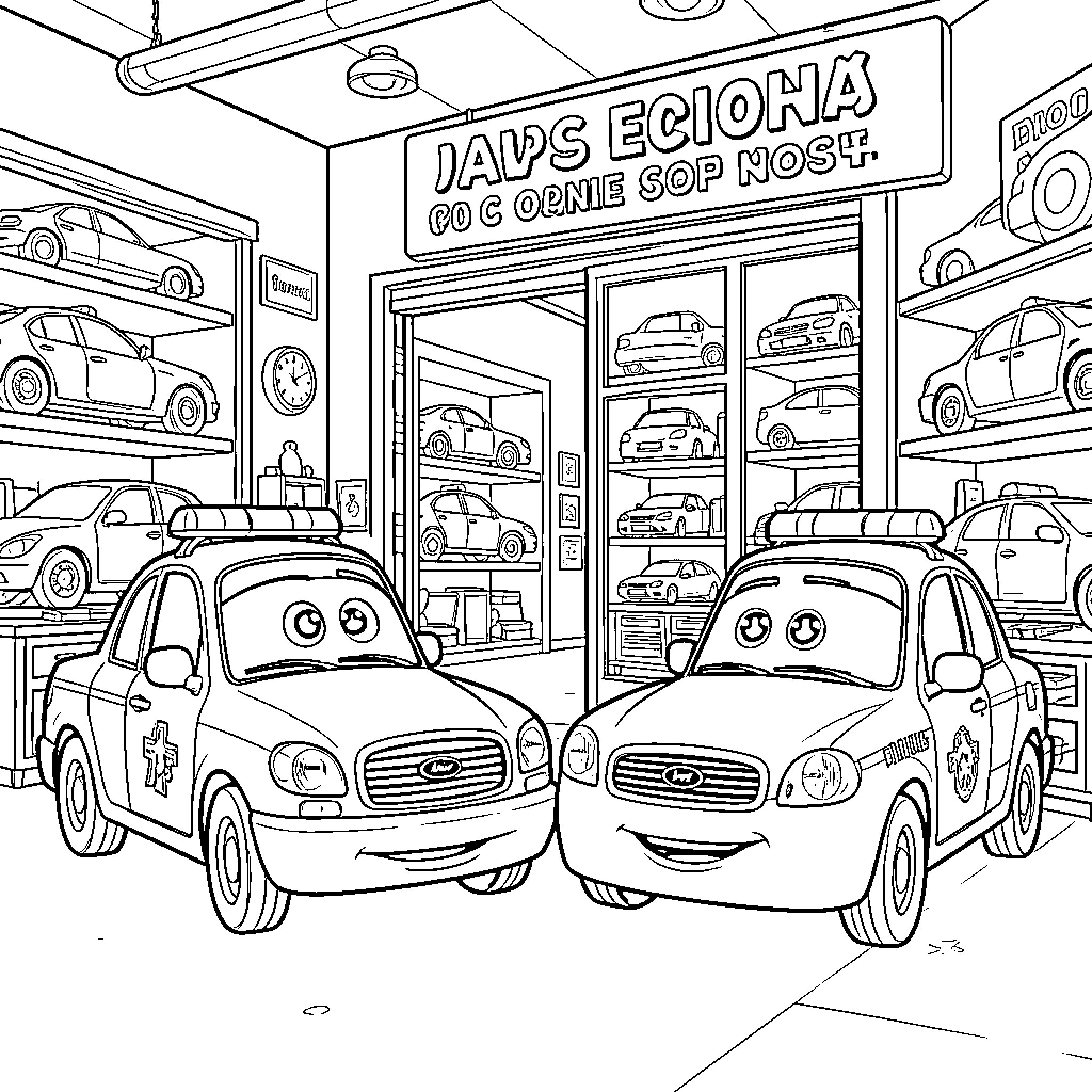 Police Car Inspection at the Auto Shop Coloring Page (free black-and-white line drawing printable PDF for all, from beginners to advanced learners, including children, teens, adults, and seniors)