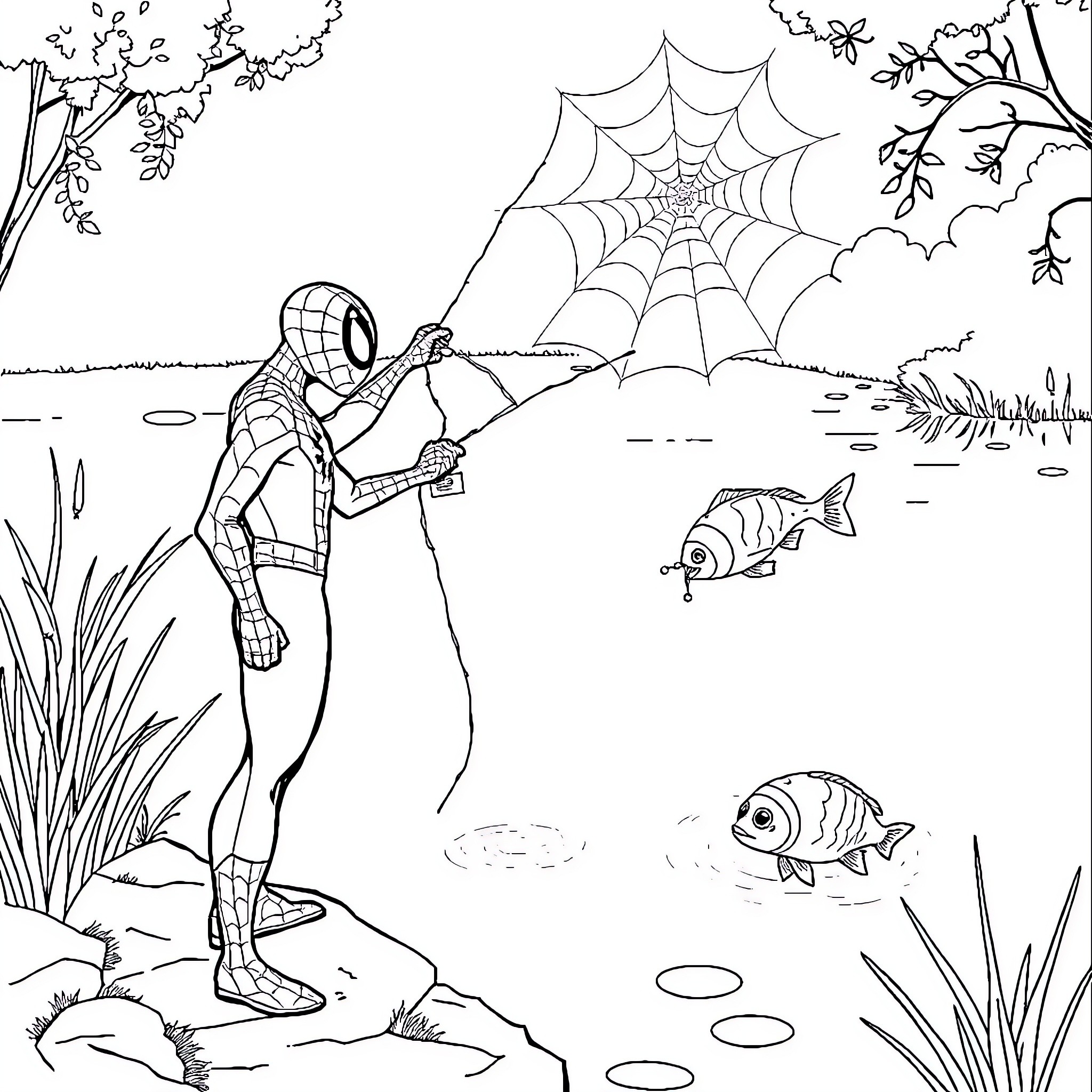 Spiderman exploring nature's wonders by a pond Coloring Page (free black-and-white line drawing printable PDF for all, from beginners to advanced learners, including children, teens, adults, and seniors)